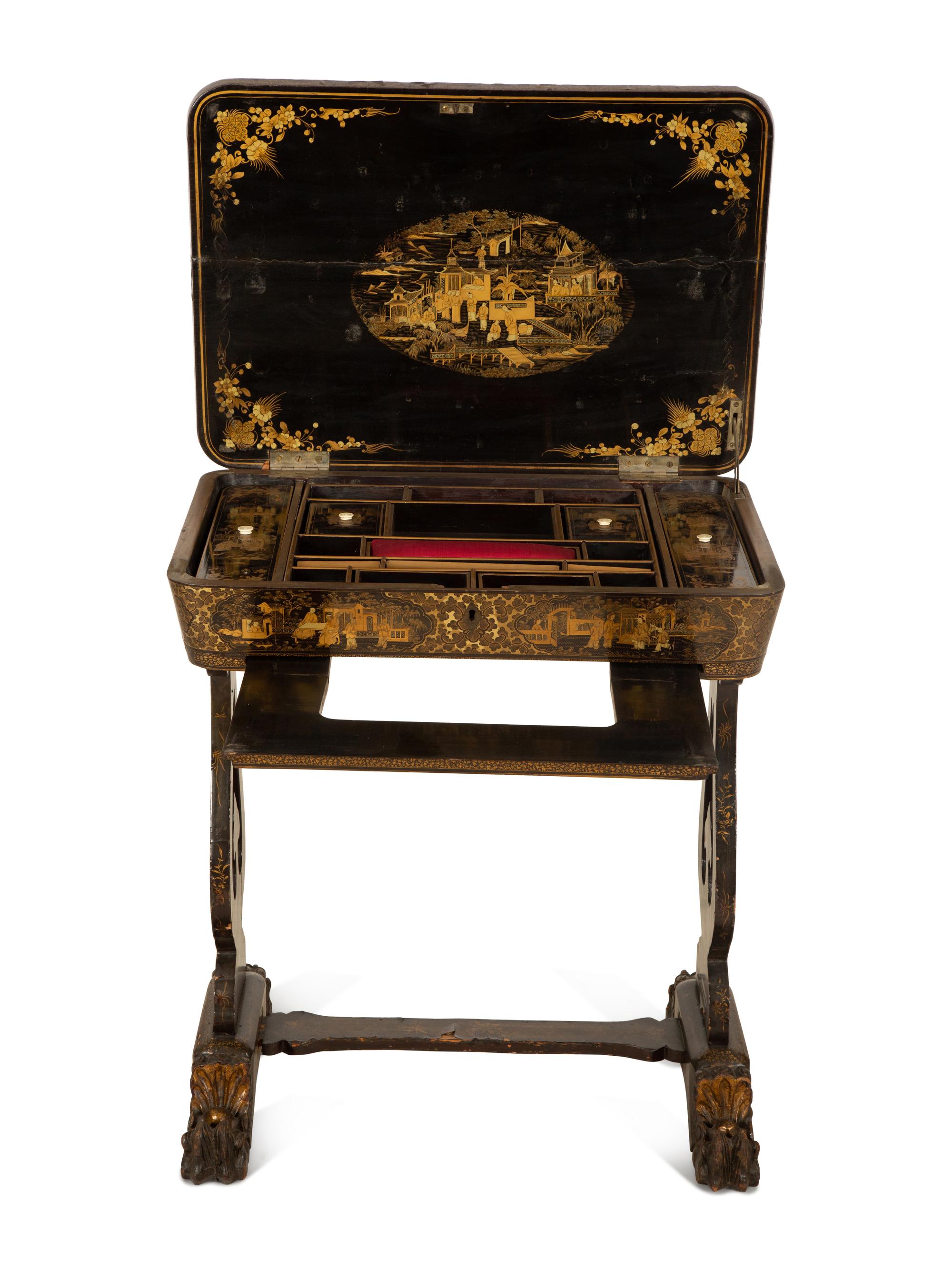 A Chinese Export Black and Gilt Lacquer Sewing Table — 19th Century