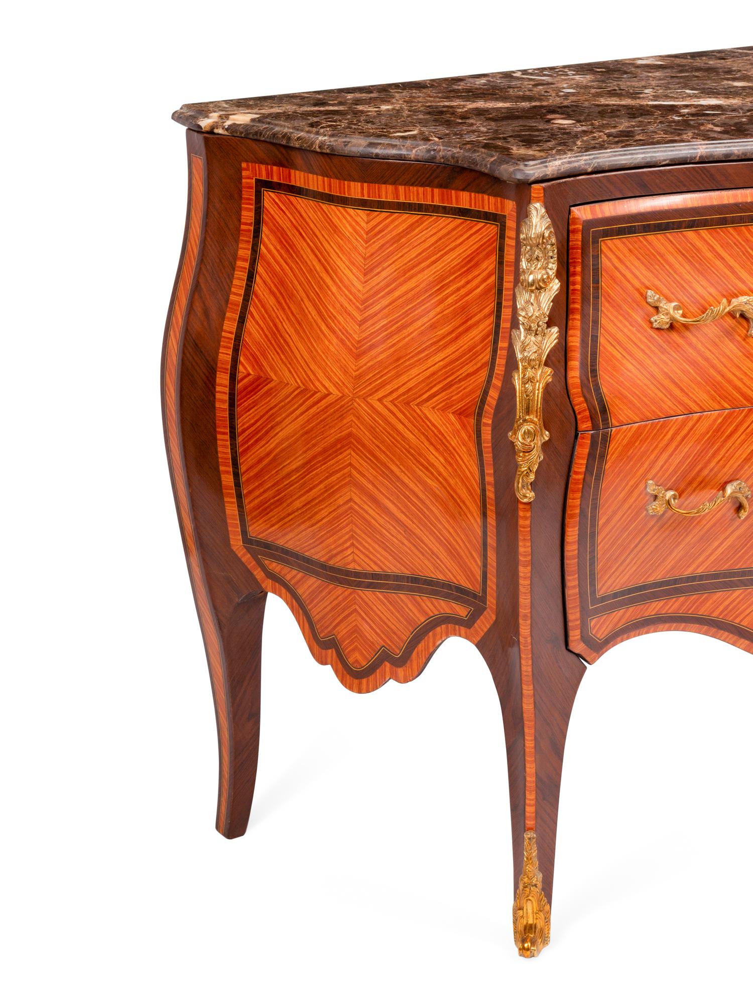 A Pair of Louis XV Style Marquetry Marble-Top Commodes