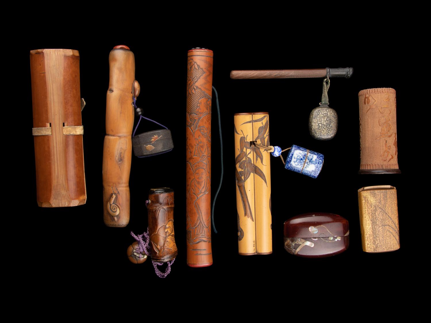 Seven Japanese Bamboo Portable Writing Sets and One Brushpot