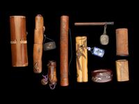 Seven Japanese Bamboo Portable Writing Sets and One Brushpot