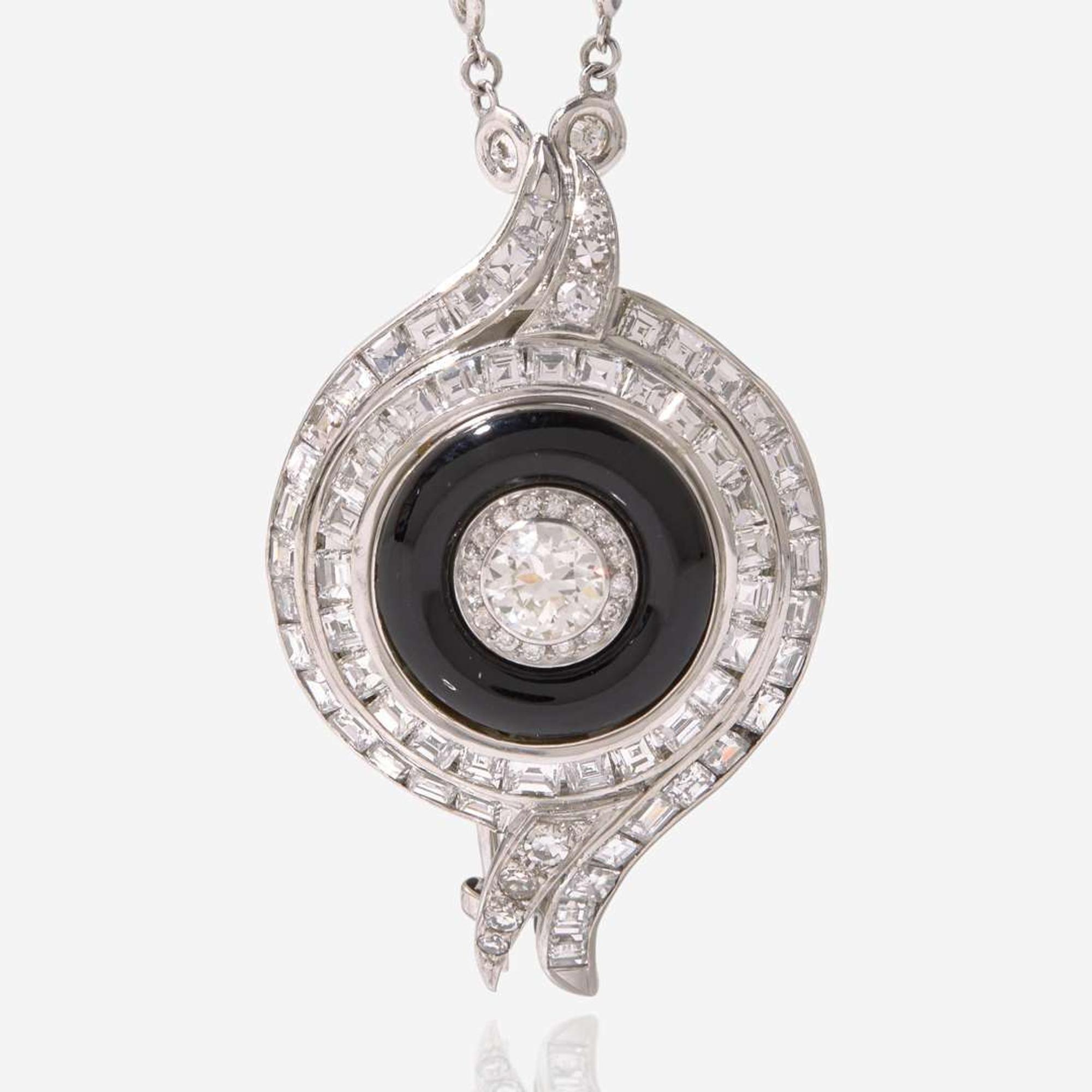 A 14K White Gold, Platinum, Diamond, and Onyx Necklace