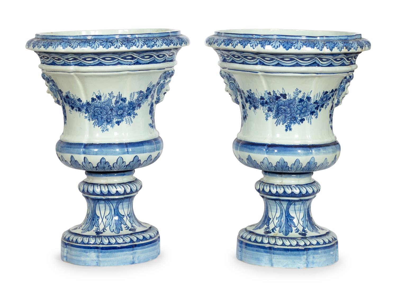 A Large Pair of Portuguese Faience Campana-Form Jardinières