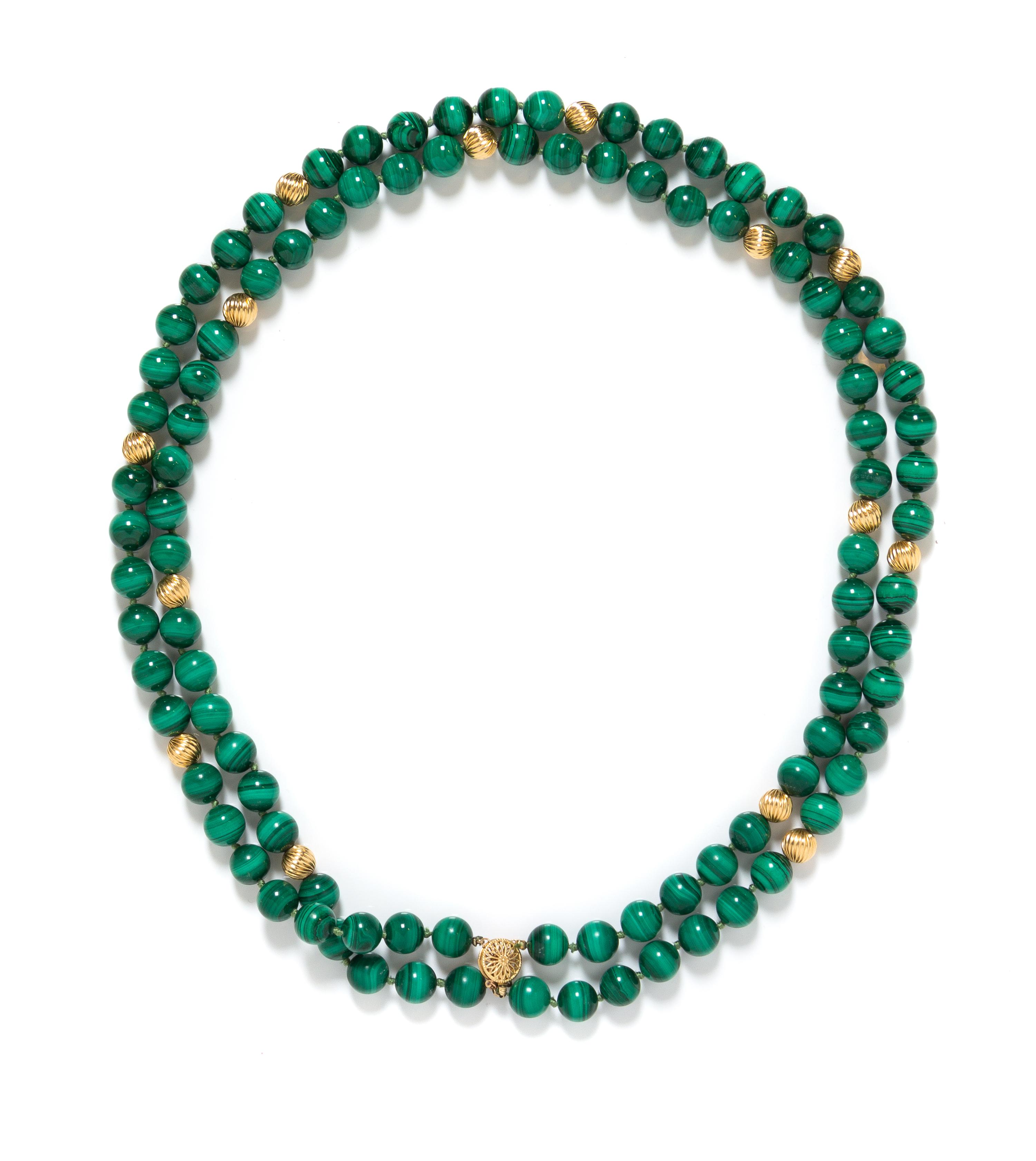 A Yellow Gold and Malachite Bead Double Strand Necklace,