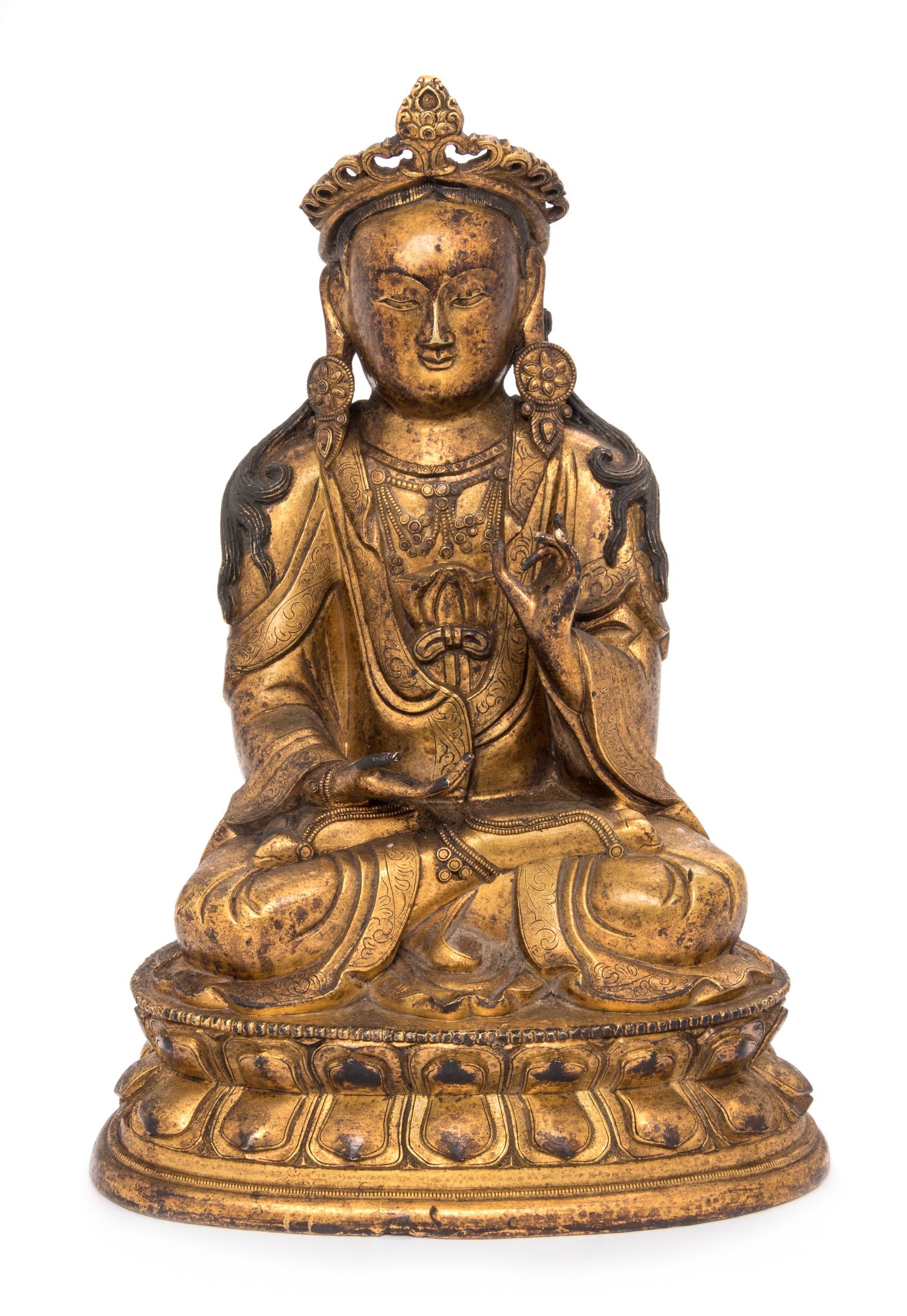 A Sino-Tibetan Gilt Bronze Figure of Guanyin Height 9 1/2 inches. — 18TH CENTURY