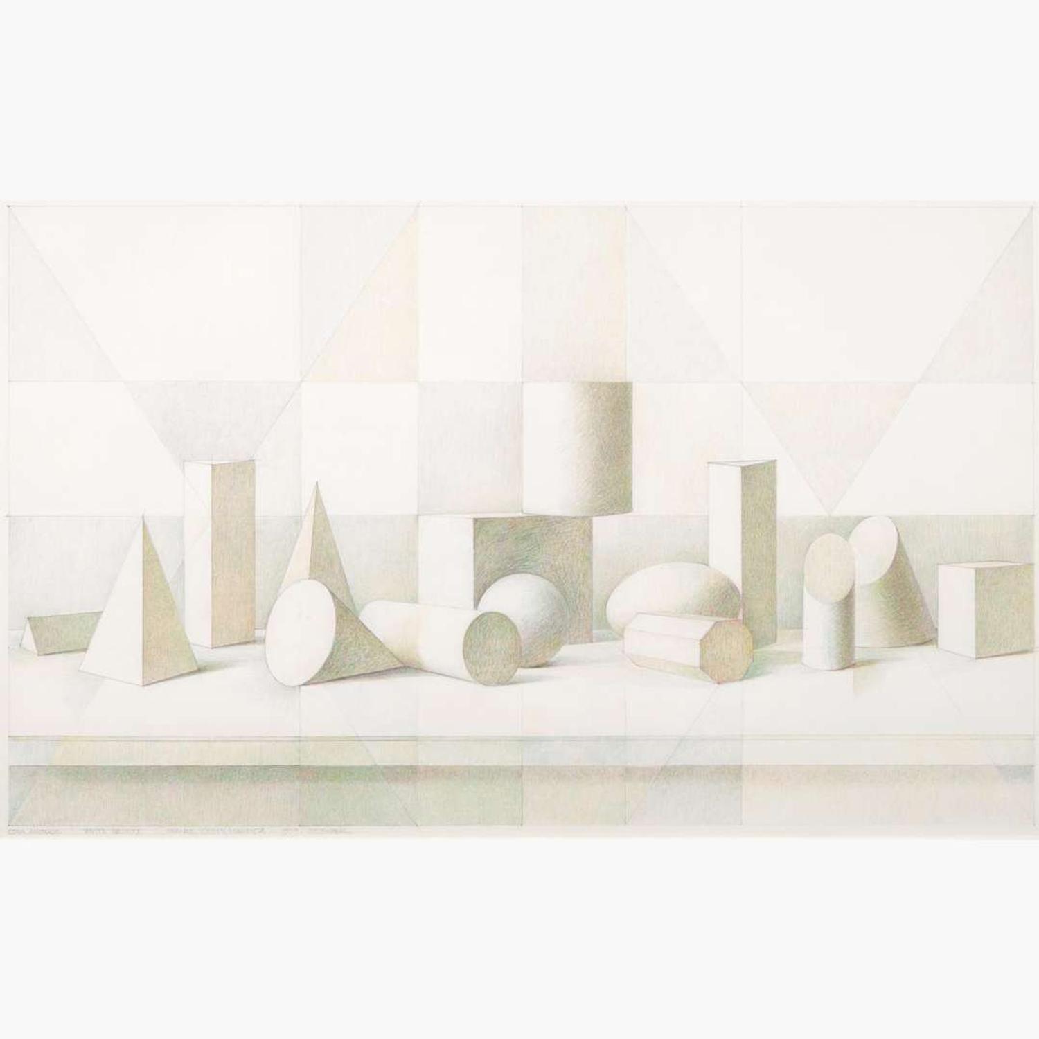 Edna Andrade (American, 1917-2008) White Objects, Orange/Green/Magenta