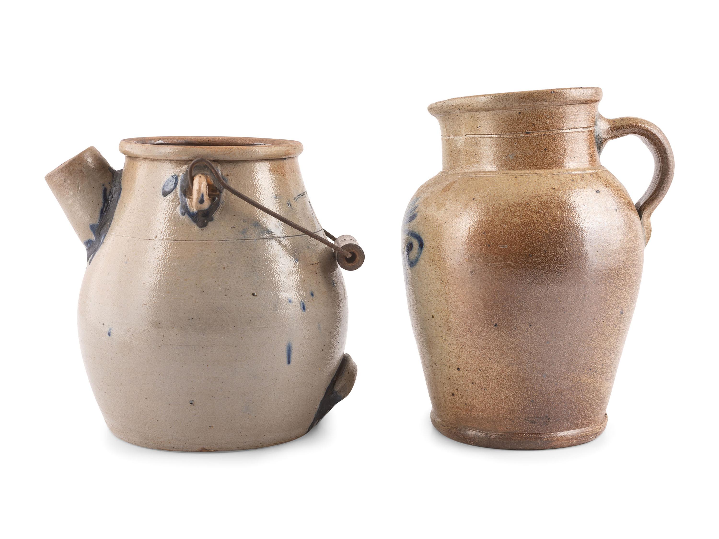 A Cobalt Decorated Stoneware Batter Jug and Pitcher