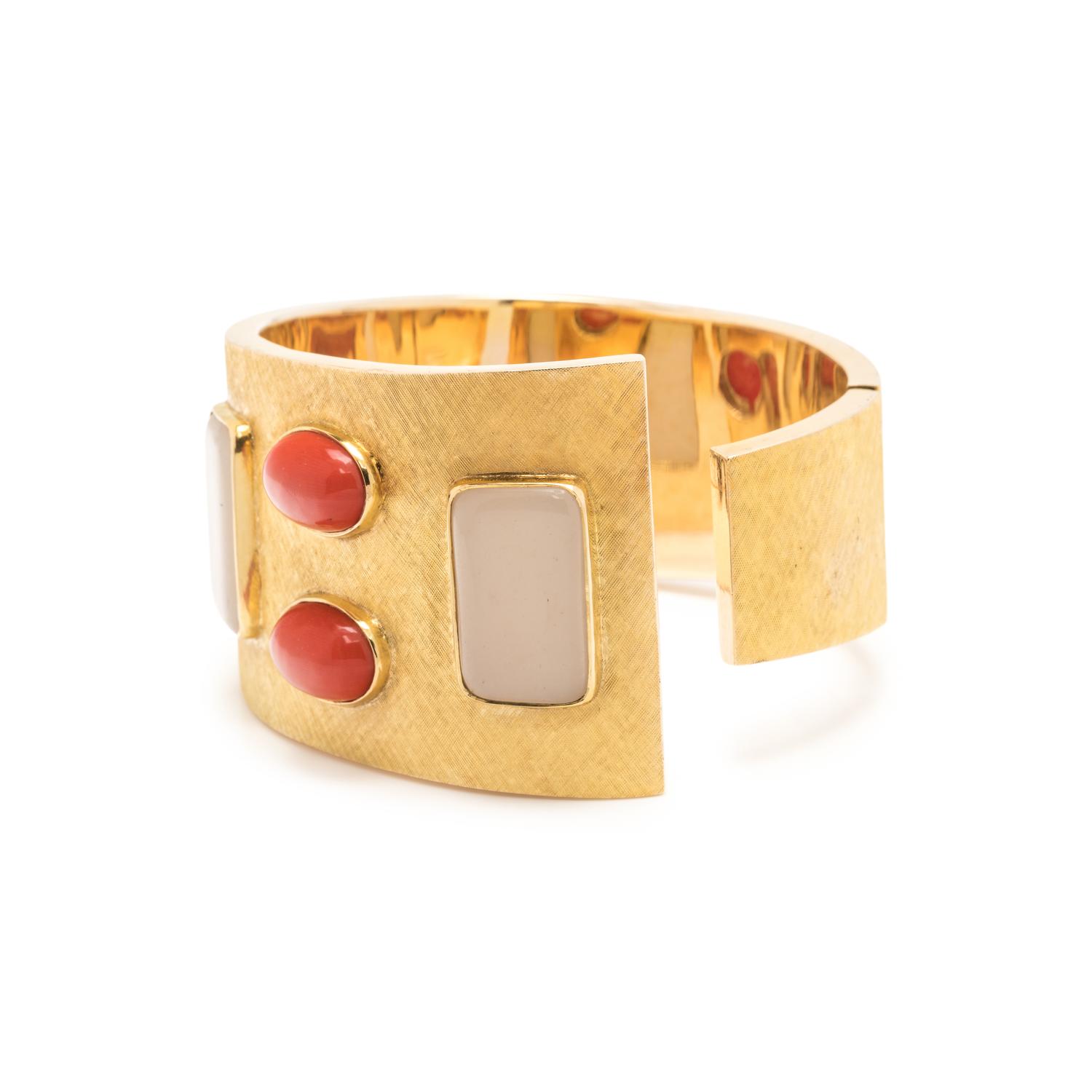 YELLOW GOLD, CORAL AND CHALCEDONY CUFF BRACELET