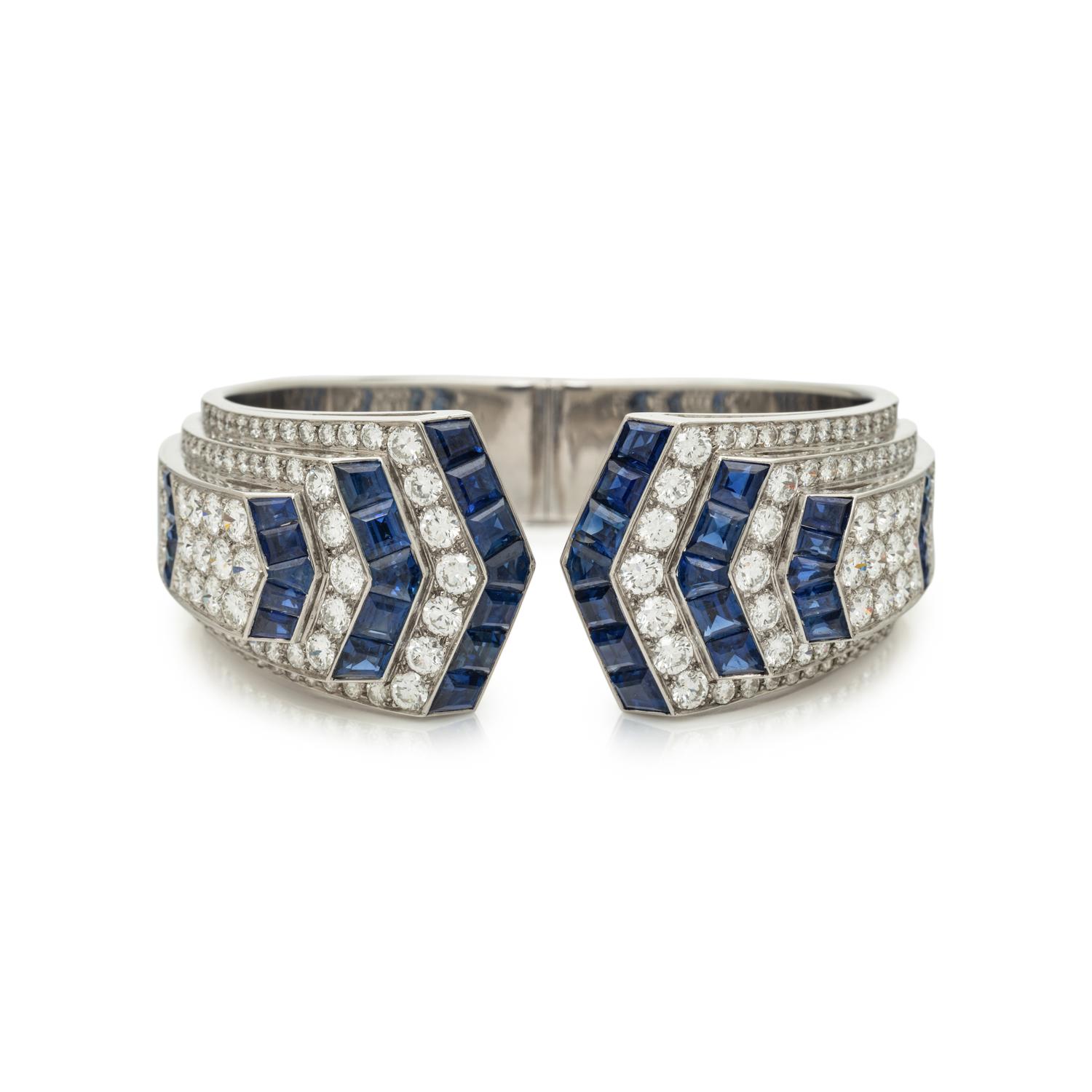 ART DECO, SAPPHIRE AND DIAMOND HINGED CUFF BRACELET