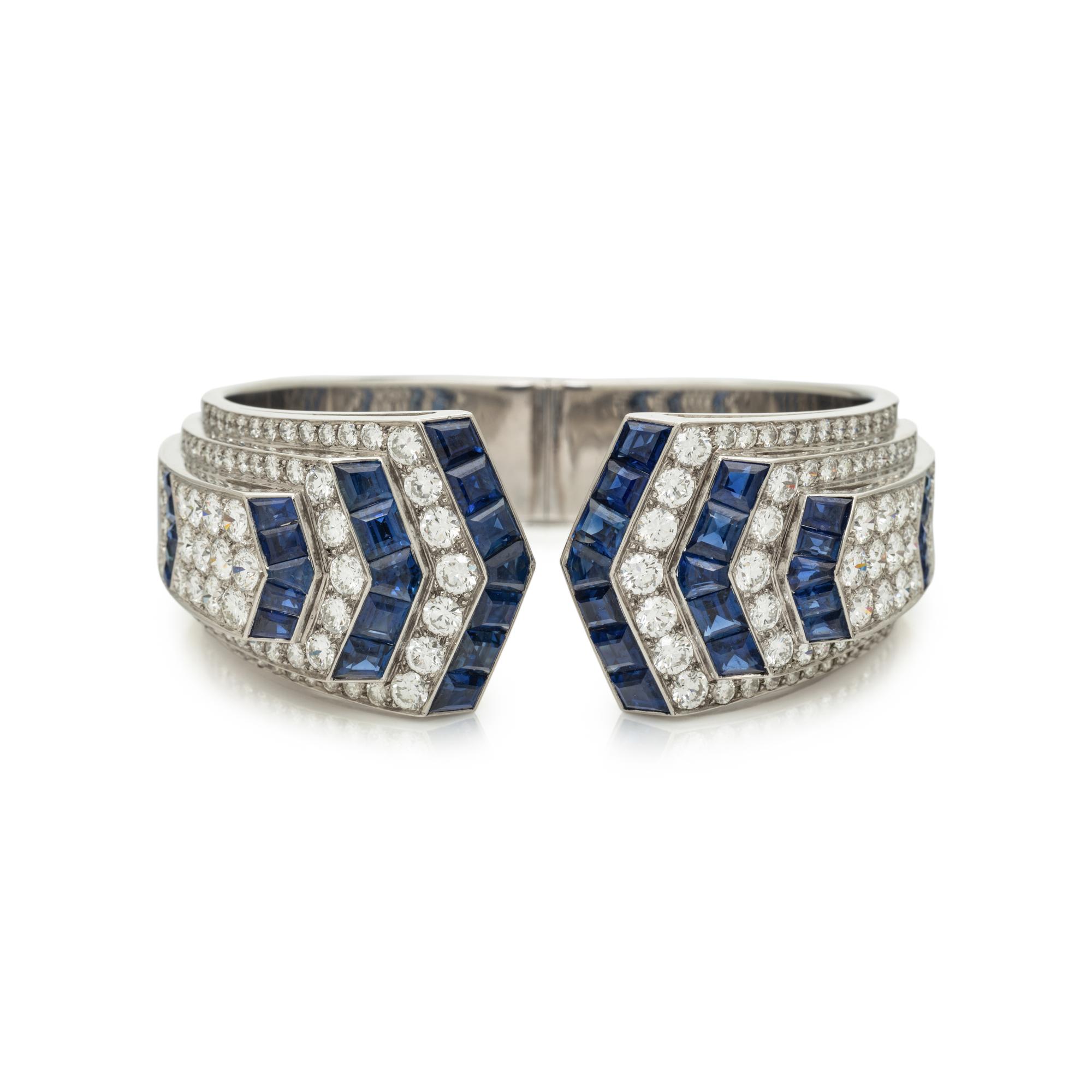 ART DECO, SAPPHIRE AND DIAMOND HINGED CUFF BRACELET