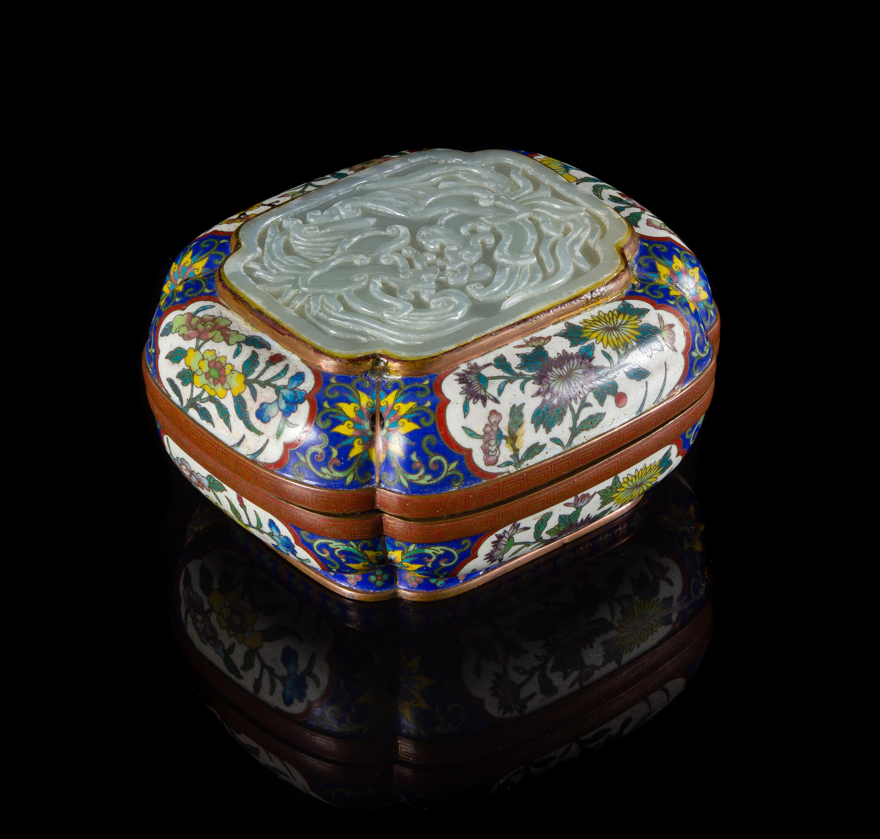 A Celadon Jade Inset Cloisonne Enamel Covered Box Length 5 inches. — EARLY 20TH CENTURY