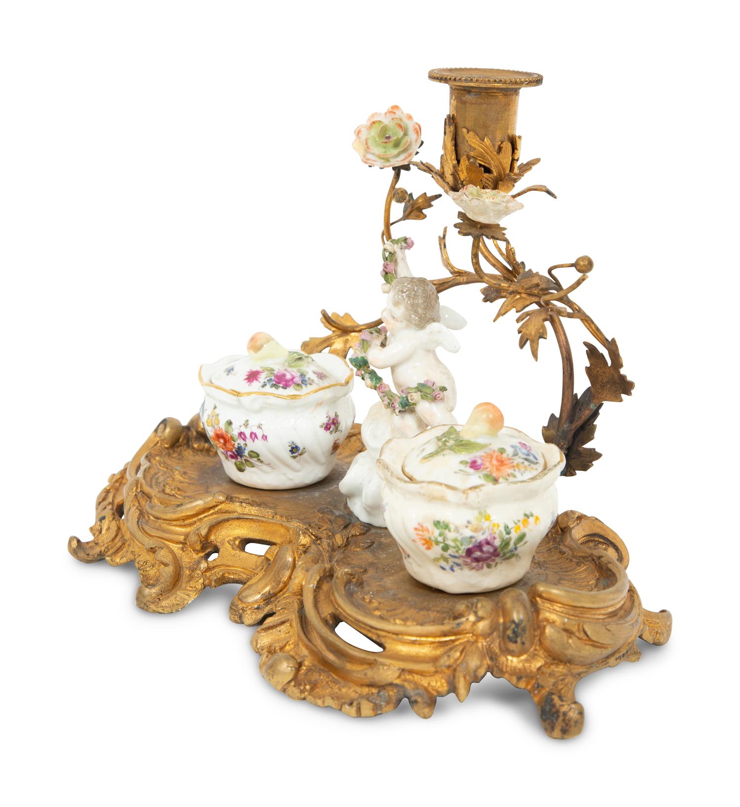 A Louis XV Style Porcelain and Gilt Bronze Standish