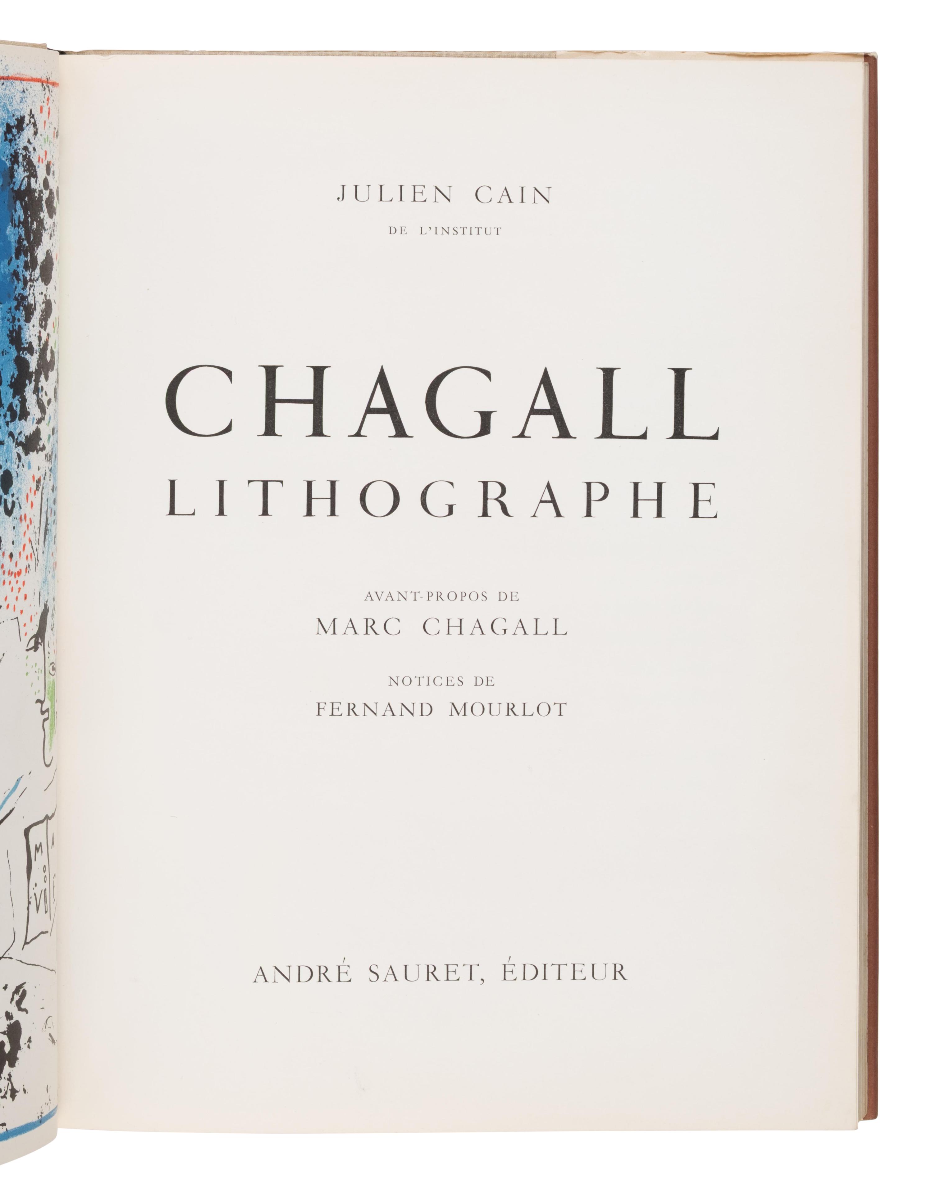 Chagall, Marc (1887-1985). The Lithographs of Chagall . Vol. I: Paris: Andre Sauret, 1960; Vol. II: Paris: Andre Sauret, 1963; Vol. III: Paris: Andre Sauret, 1969; Vols. IV, V and VI: Monte Carlo: Andre Sauret, 1974, 1984, 1986.