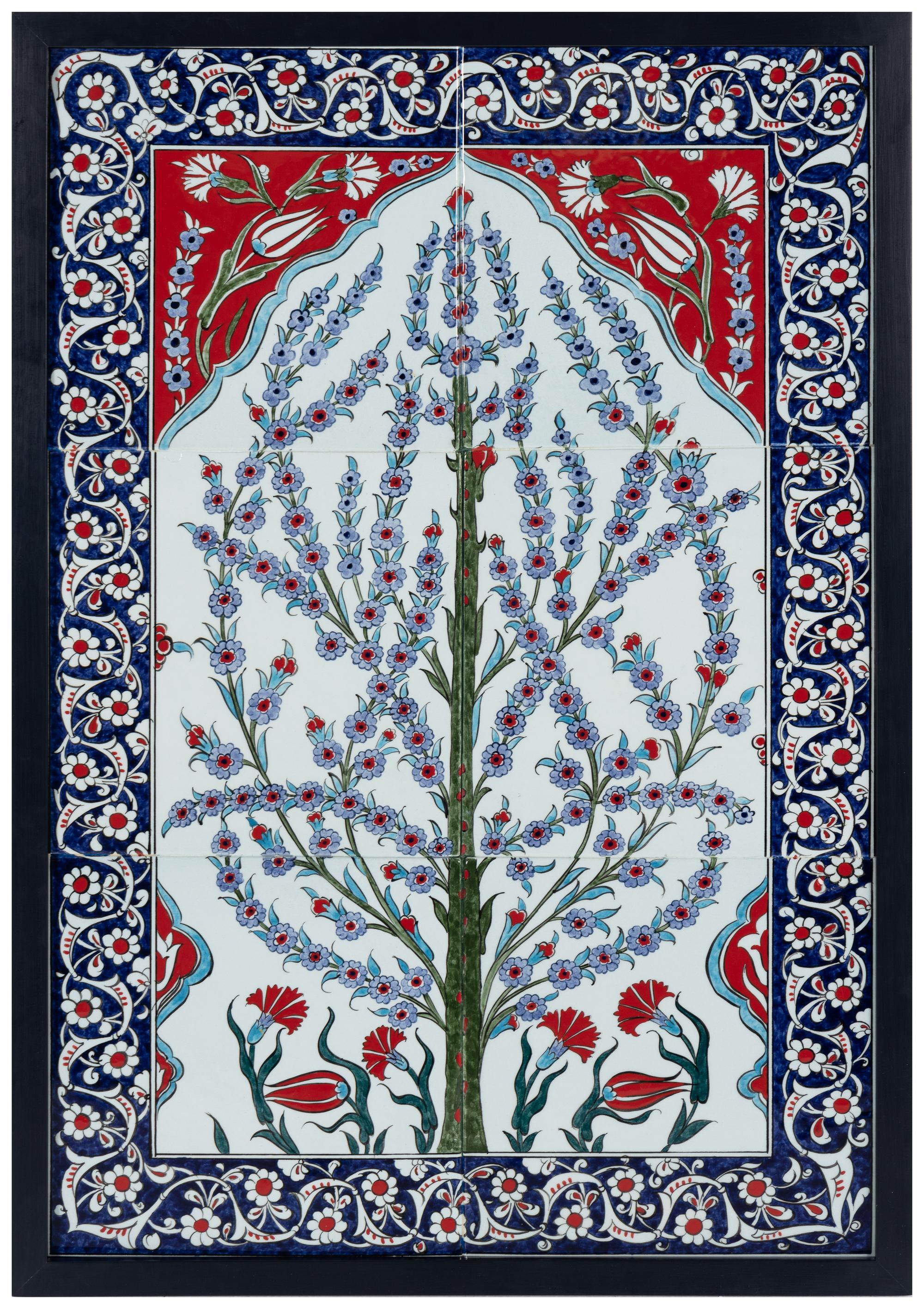 A Framed Set of Six Middle Eastern Glazed Earthenware Tiles