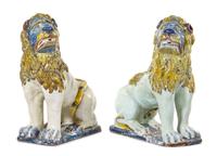 A Pair of Faience Models of Lions Height 29 3/4 x width 10 3/4 x depth 24 inches. — LATE 19TH/EARLY 20TH CENTURY