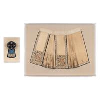 A Chinese Apricot Ground Embroidered Silk Apron Skirt and A Blue Ground Embroidered Silk Hat, 19th Century — 晚清 杏色地繡牡丹紋馬面裙及藍底繡瓜果紋帽