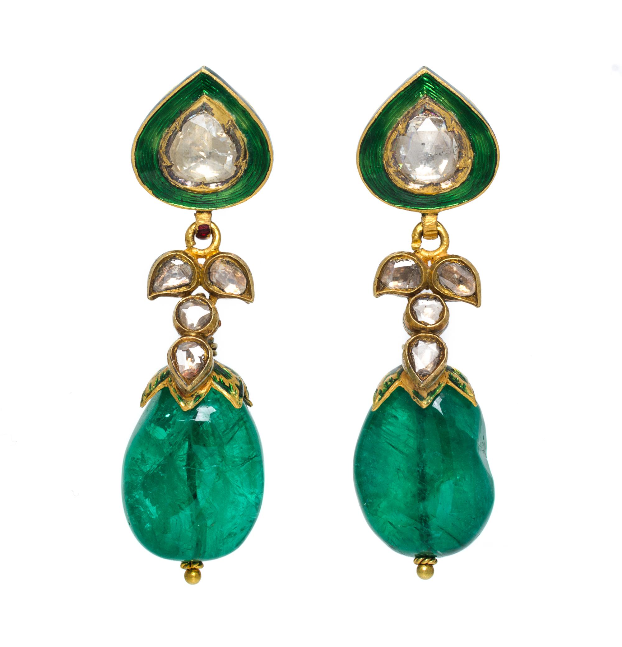 A Pair of Yellow Gold, Emerald, Diamond and Polychrome Enamel Earrings, Deccan, 13.00 dwts.