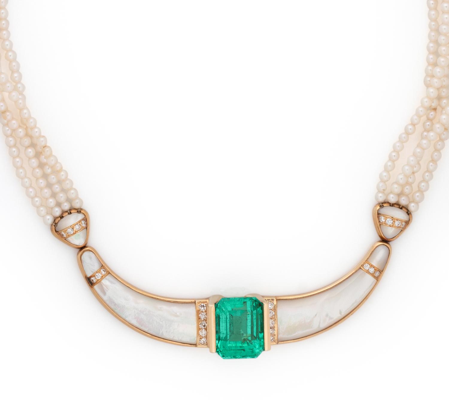EMERALD, MOTHER-OF-PEARL AND CULTURED PEARL NECKLACE