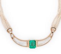 EMERALD, MOTHER-OF-PEARL AND CULTURED PEARL NECKLACE