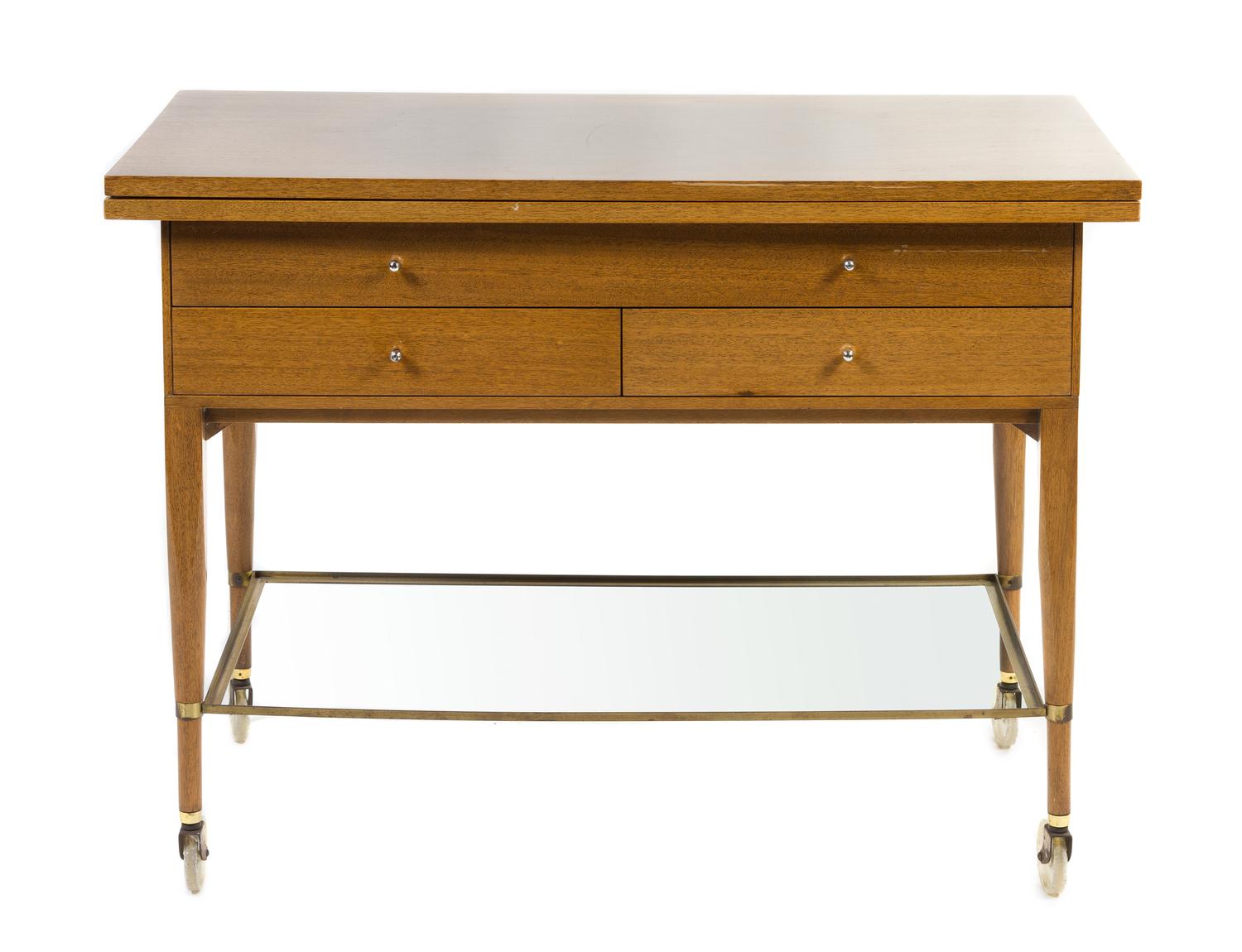 A Mahogany and Brass Serving Cart, Paul McCobb for Calvin Furniture Height 30 x width 40 x depth 20 inches.