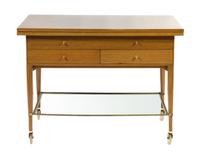 A Mahogany and Brass Serving Cart, Paul McCobb for Calvin Furniture Height 30 x width 40 x depth 20 inches.