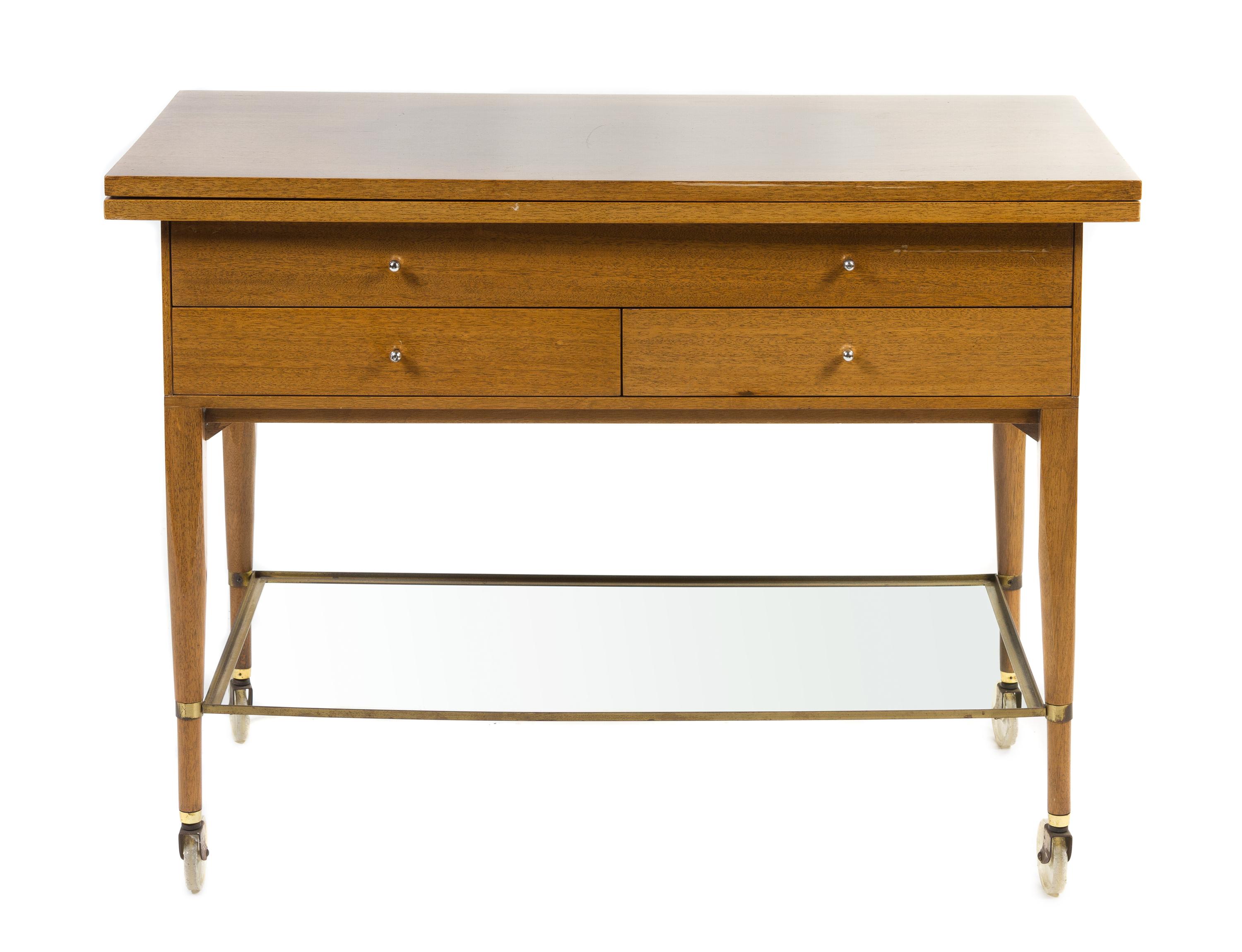 A Mahogany and Brass Serving Cart, Paul McCobb for Calvin Furniture Height 30 x width 40 x depth 20 inches.