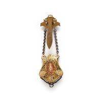 ANTIQUE, GOLD-FILLED, SILVER AND ENAMEL CHATELAINE