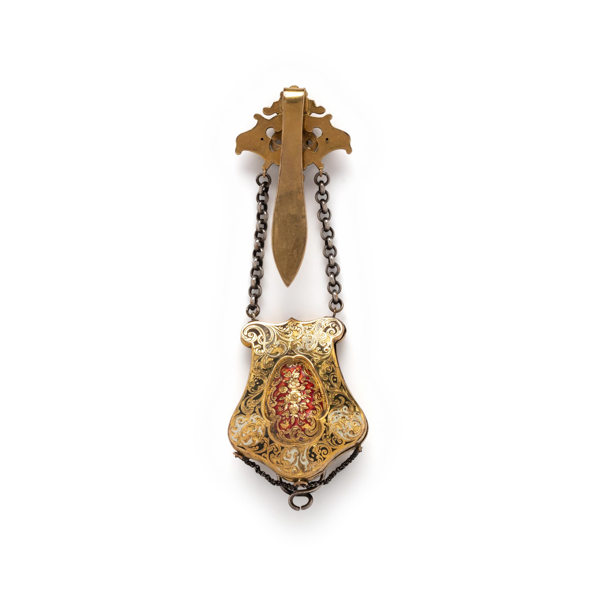 ANTIQUE, GOLD-FILLED, SILVER AND ENAMEL CHATELAINE