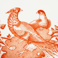 A Royal Crown Derby Red Aves Covered Tureen with Under Plate and a Pair of Candlesticks
