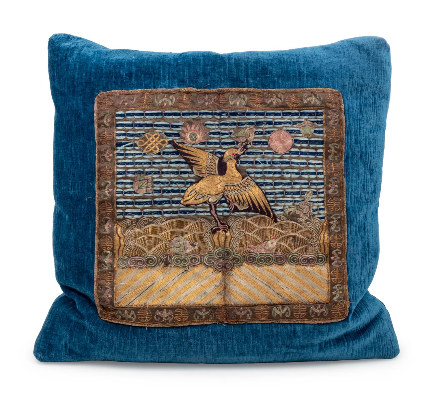 A Pair of Chinese Embroidered Rank Badgets Set on Down-Filled Pillows