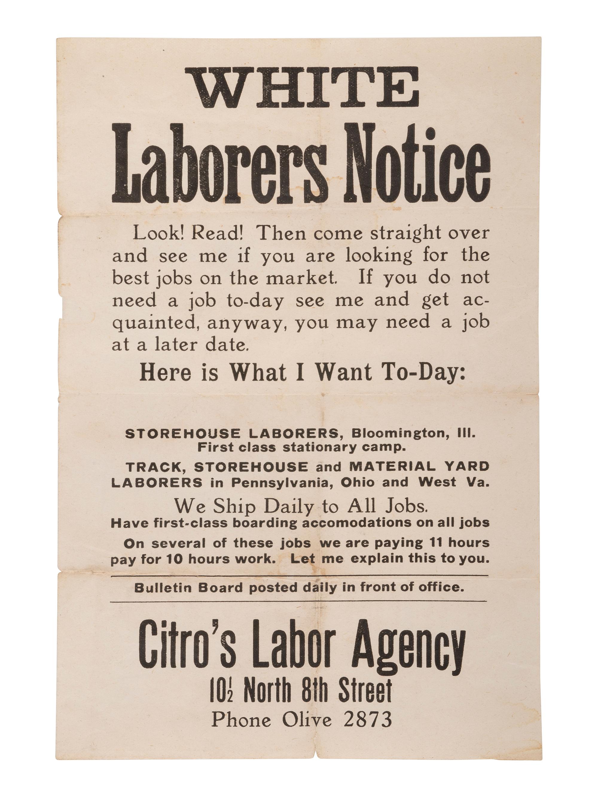 [RACISM]. White Laborers Notice . [St. Louis, MO]: Citro's Labor Agency, n.d. [ca 1920].