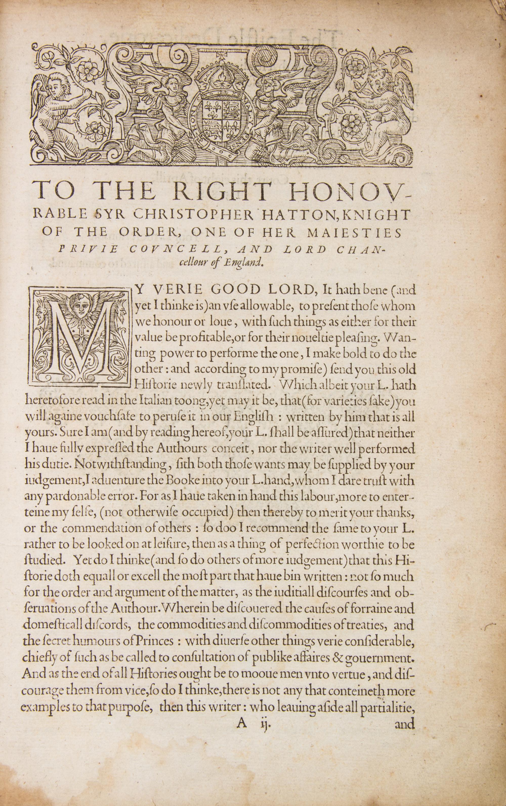 MACHIAVELLI, NICCOLO. The Florentine Historie. London, 1595. First English edition.