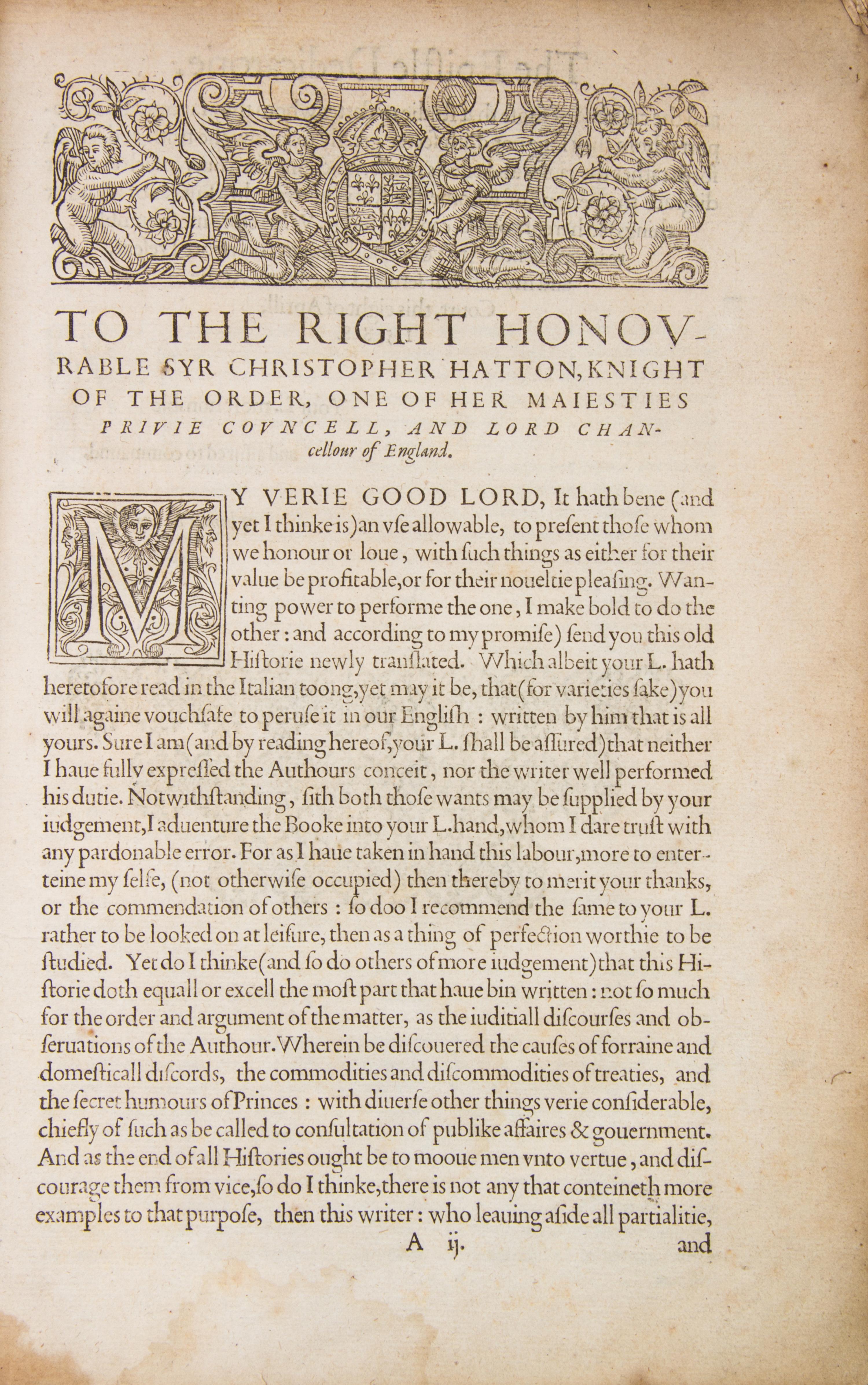 MACHIAVELLI, NICCOLO. The Florentine Historie. London, 1595. First English edition.