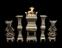 A Chinese Pewter Five-Piece Altar Set