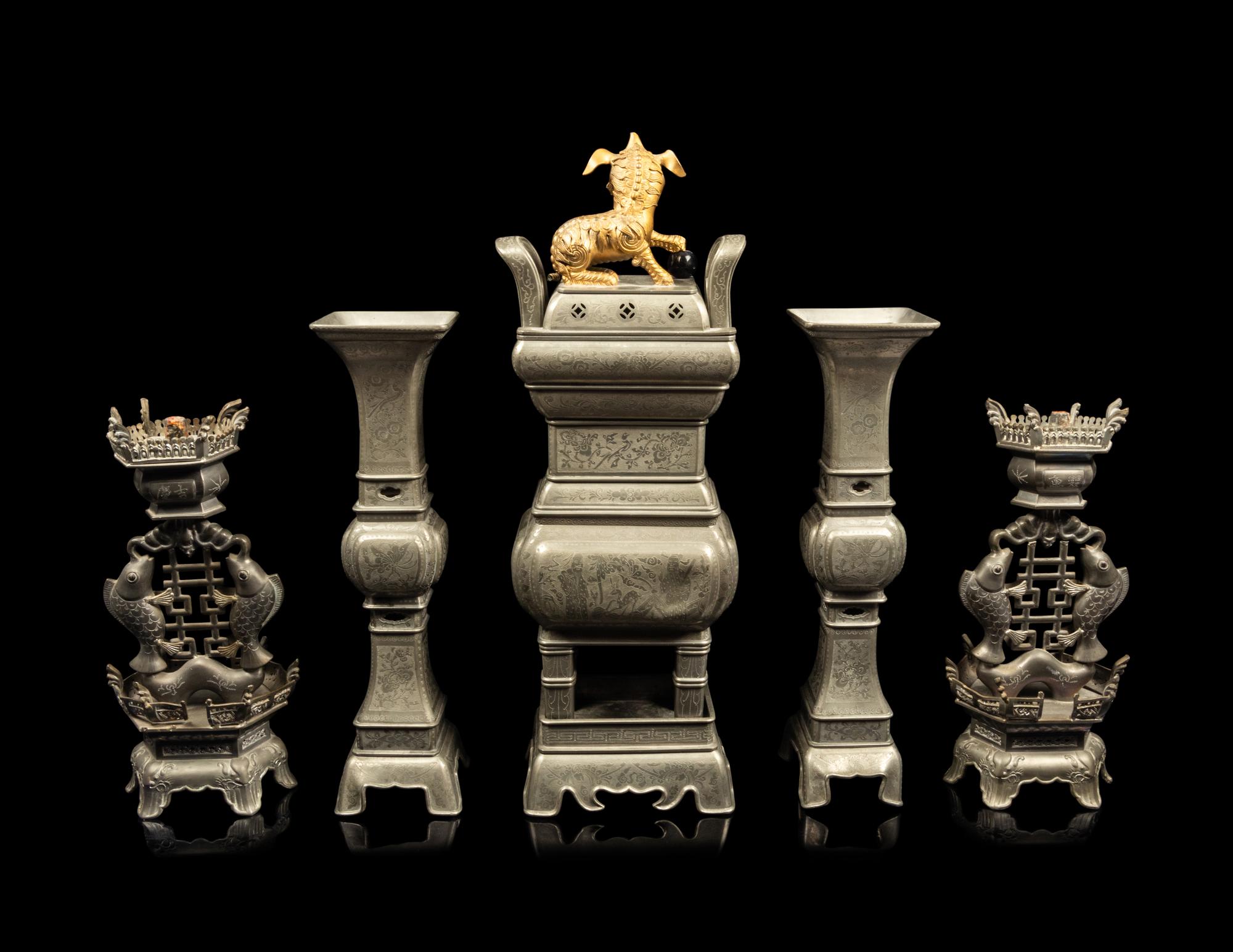 A Chinese Pewter Five-Piece Altar Set