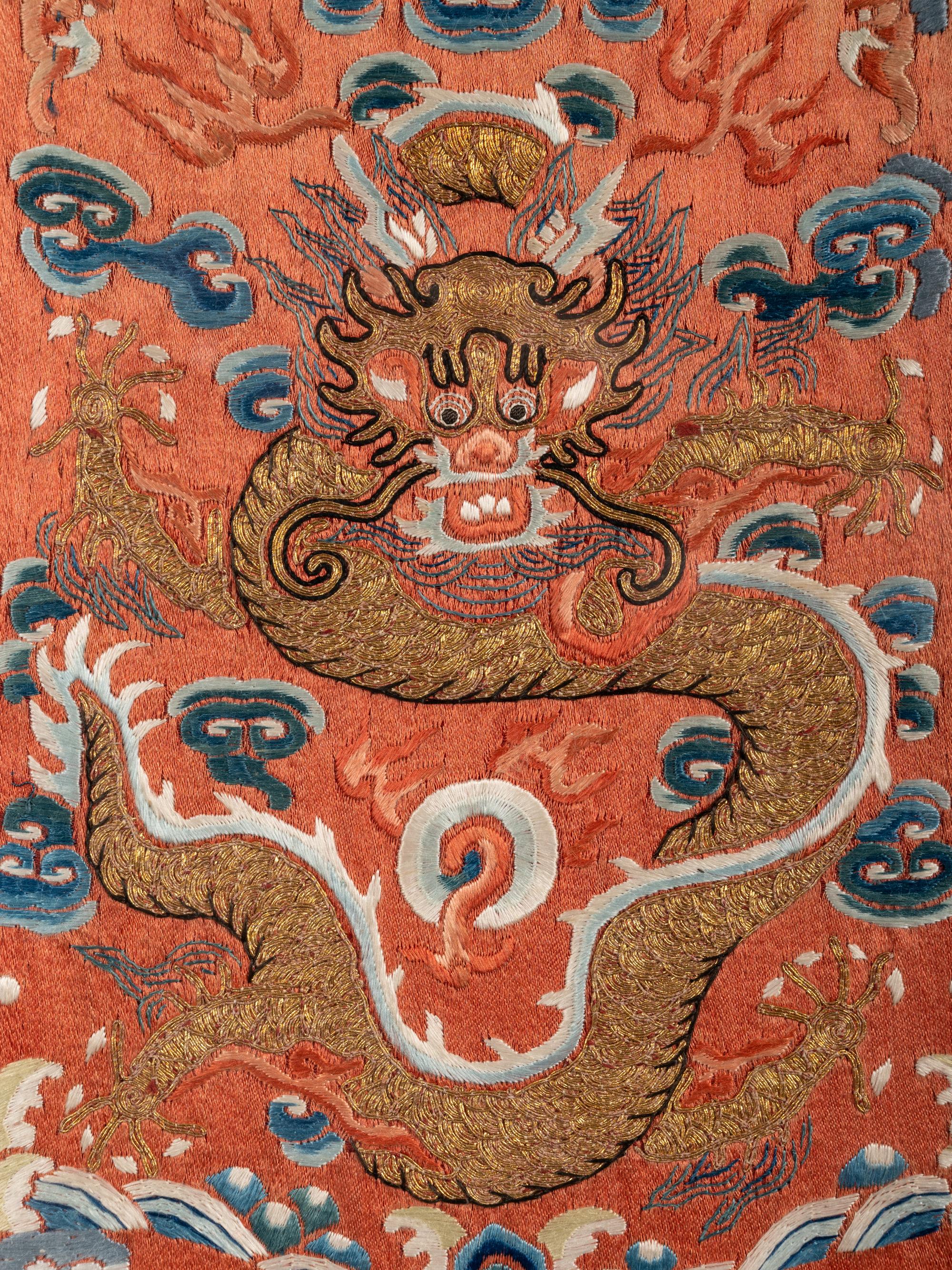Two Chinese Embroidered Silk 'Dragon' Panels