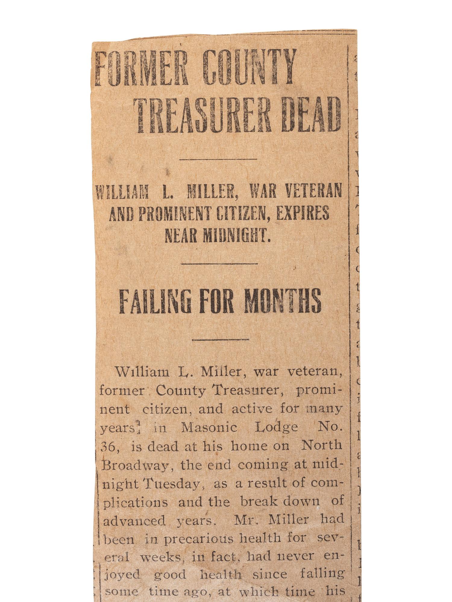 Corporal William L. Miller, Company G, 7th Indiana Volunteers. Bullet-struck pocket watch carried at the Battle of the Wilderness, which saved his life, with original bullet that almost ended it. May 1864.