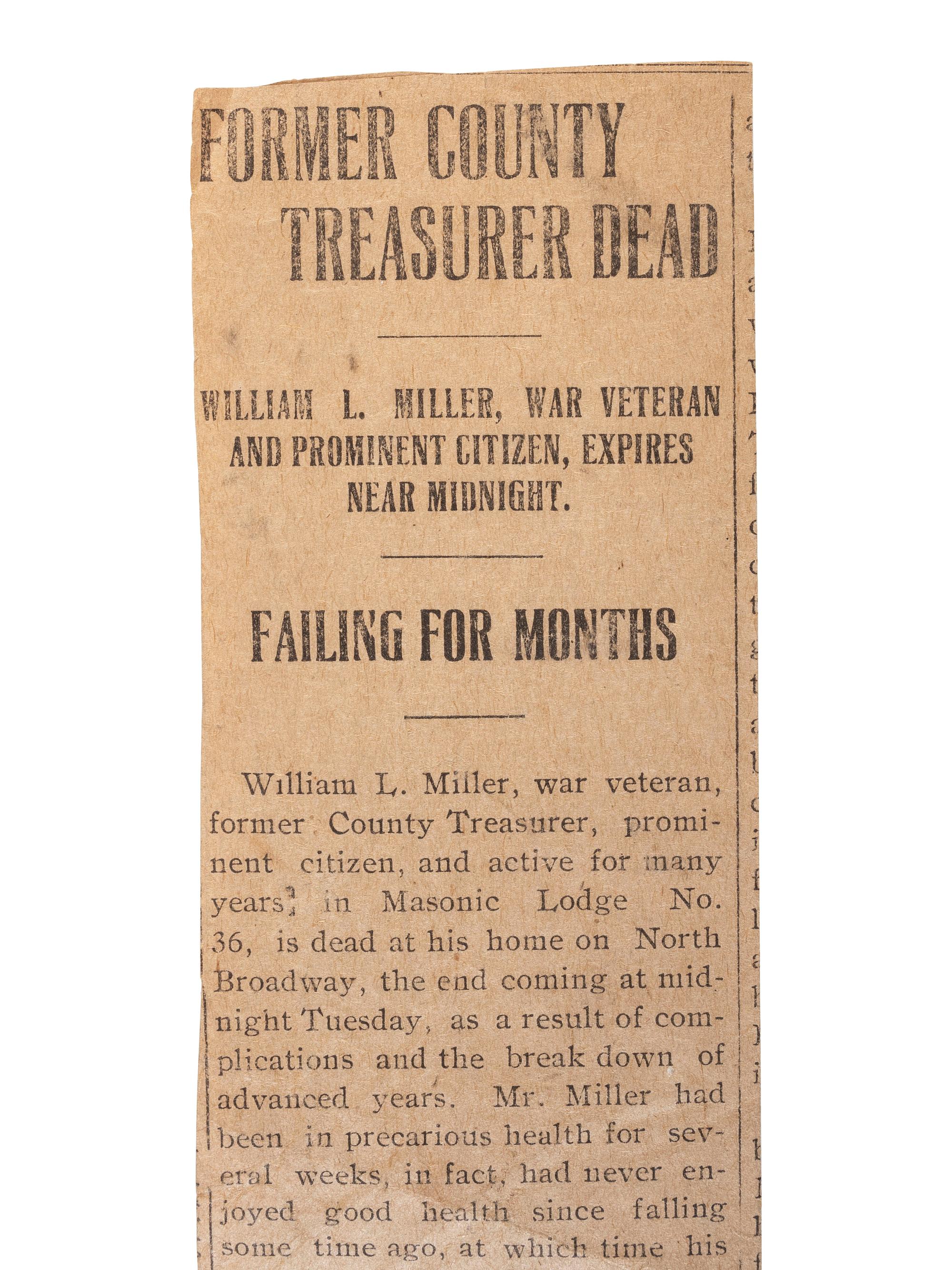 Corporal William L. Miller, Company G, 7th Indiana Volunteers. Bullet-struck pocket watch carried at the Battle of the Wilderness, which saved his life, with original bullet that almost ended it. May 1864.