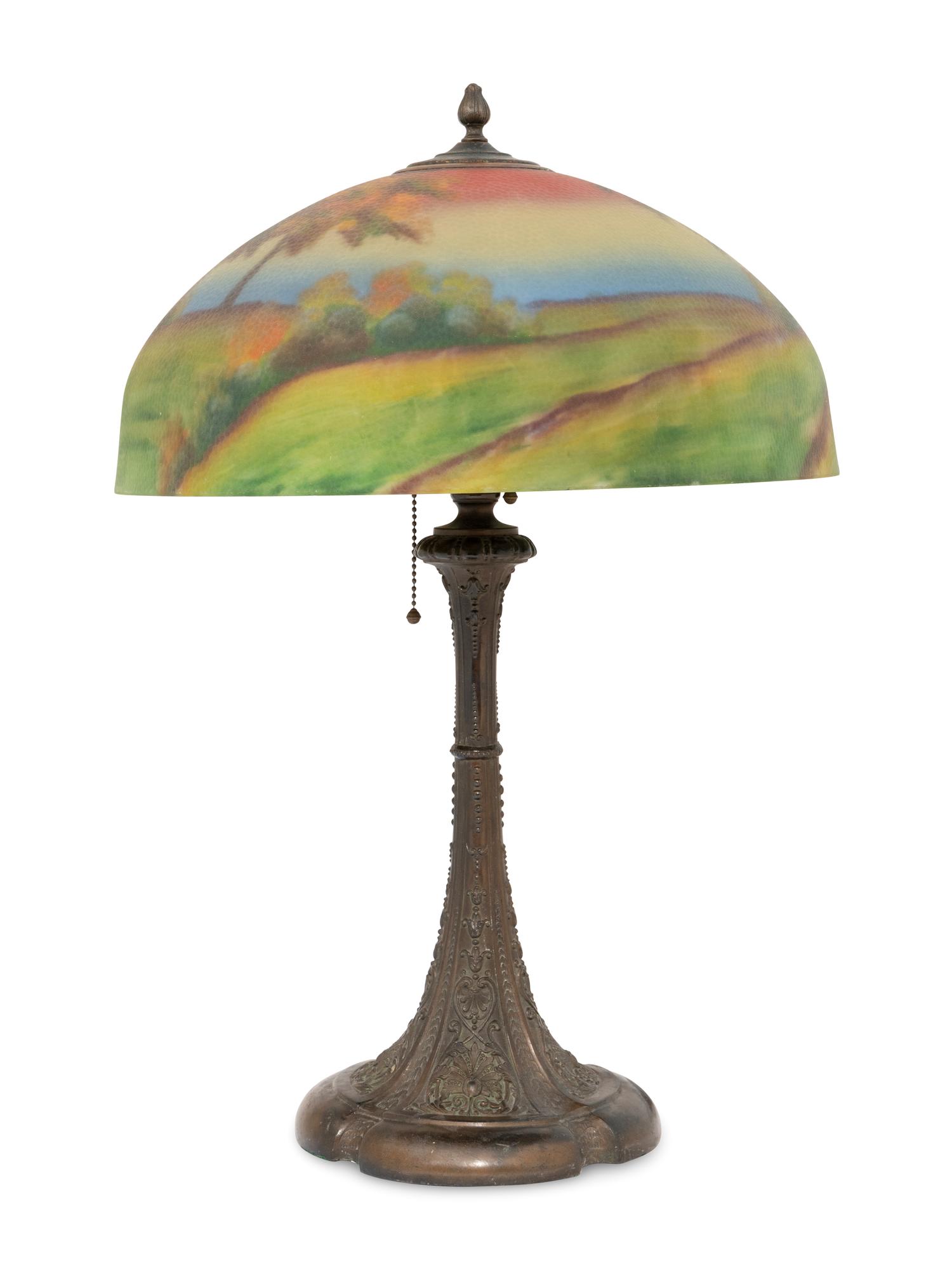 Reverse Painted Landscape Lamp Shade with Associated Base