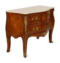 A Louis XV Style Gilt Metal Mounted Parquetry Kingwood Marble-Top Commode