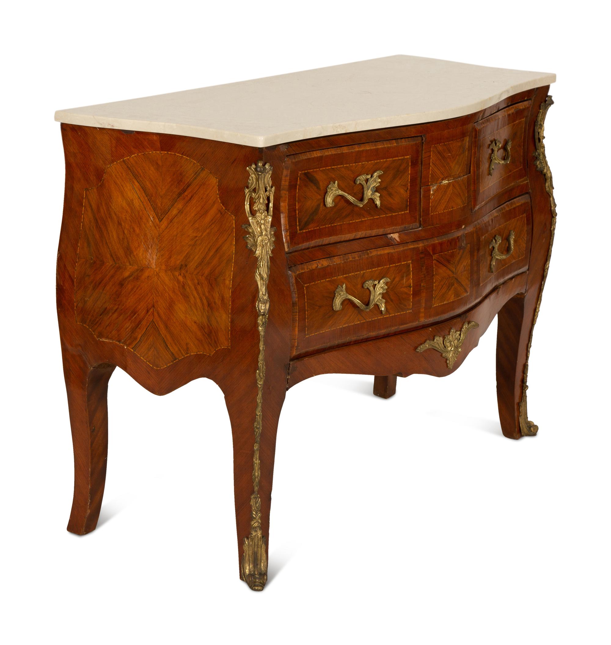 A Louis XV Style Gilt Metal Mounted Parquetry Kingwood Marble-Top Commode