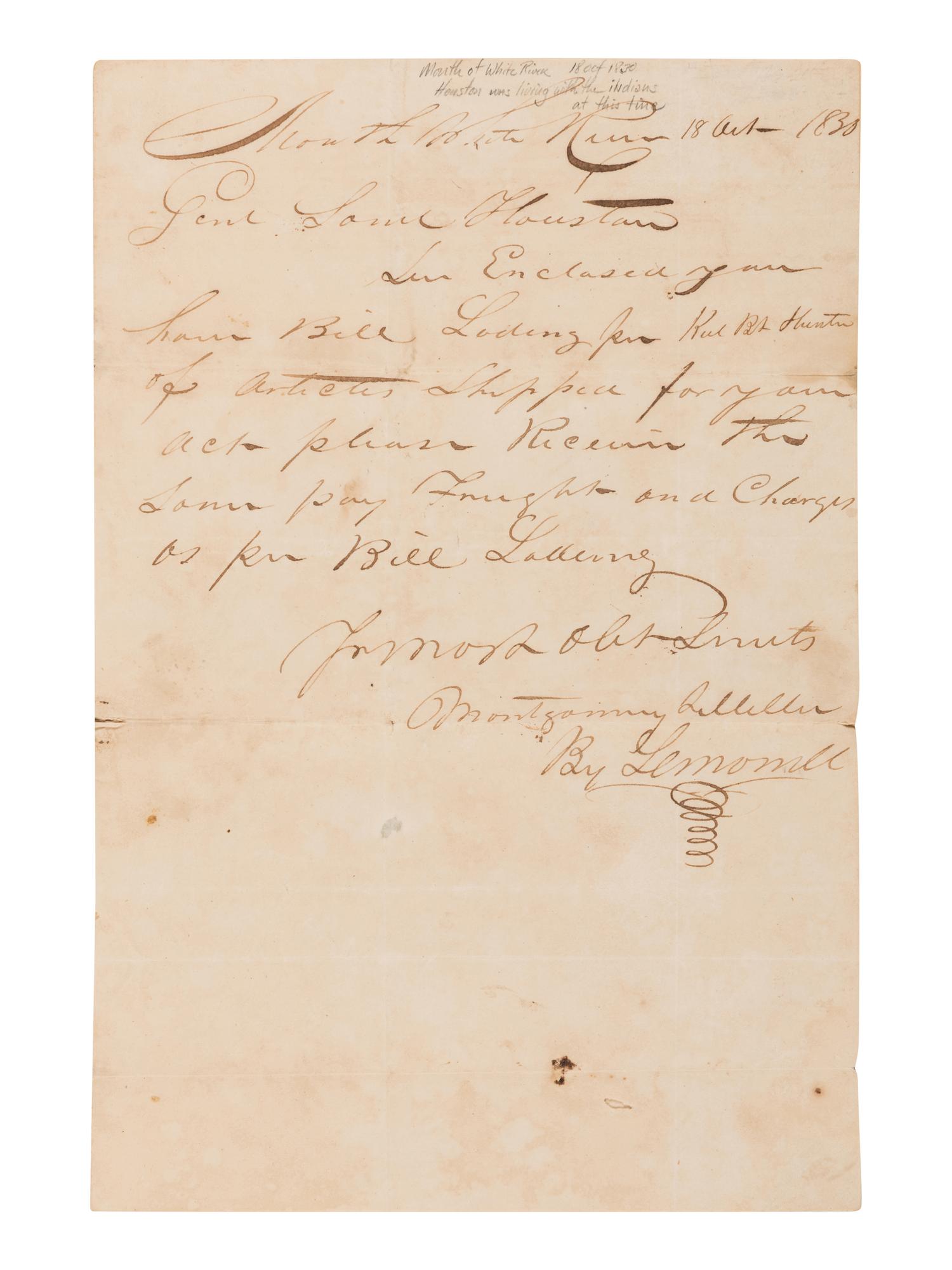 [HOUSTON, Sam]. Partly printed document accomplished in manuscript signed ("James Eagan"). 18 October 1830. Montgomery & Miller, Commission Merchants, Mouth White River, Ark’s. Terr . Little Rock: Wm. E. Woodruff, [1830?].