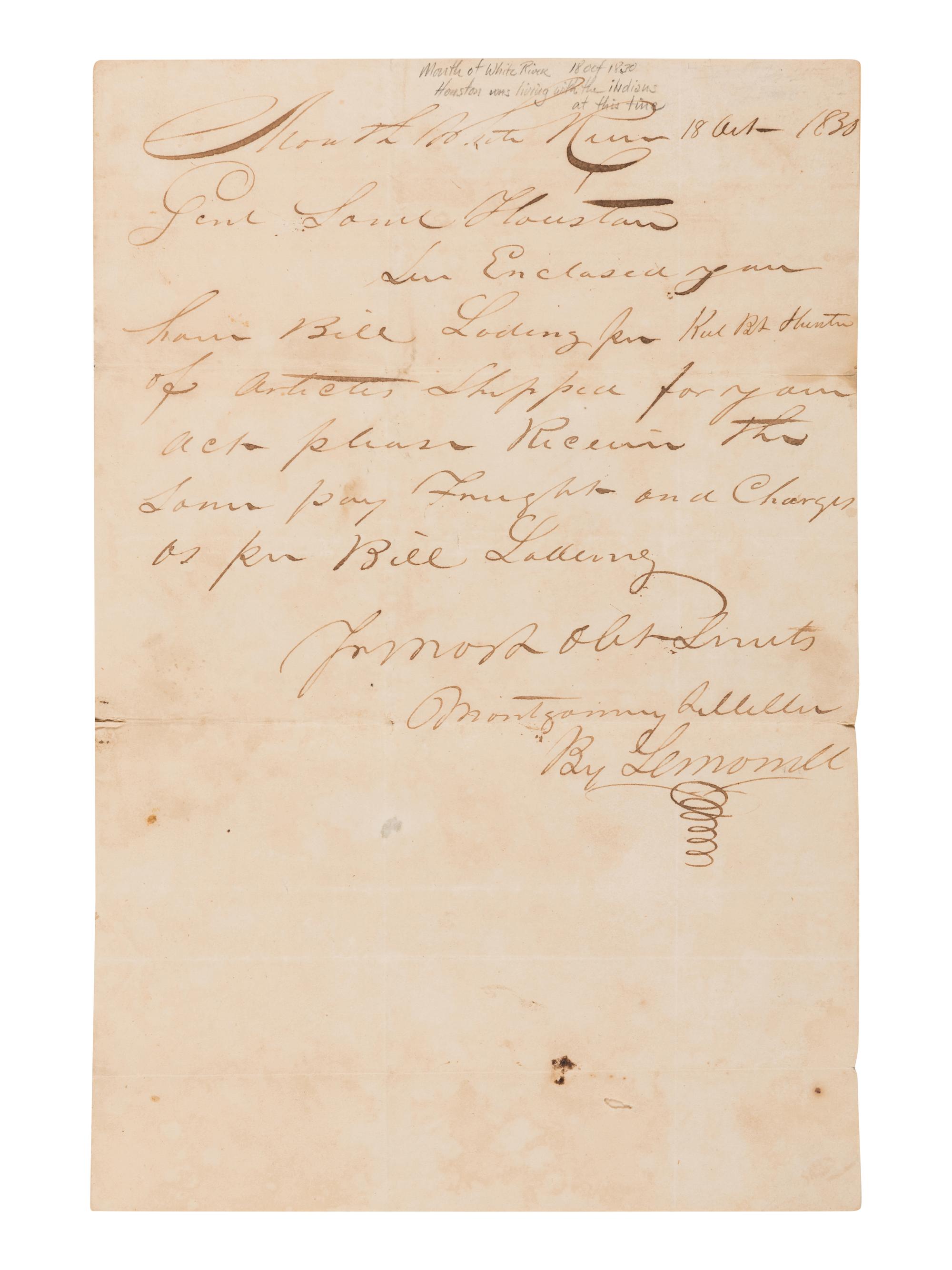 [HOUSTON, Sam]. Partly printed document accomplished in manuscript signed ("James Eagan"). 18 October 1830. Montgomery & Miller, Commission Merchants, Mouth White River, Ark’s. Terr . Little Rock: Wm. E. Woodruff, [1830?].