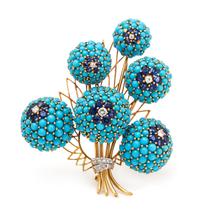 A Yellow Gold, Sapphire, Diamond and Simulated Turquoise Brooch, 36.40 dwts.