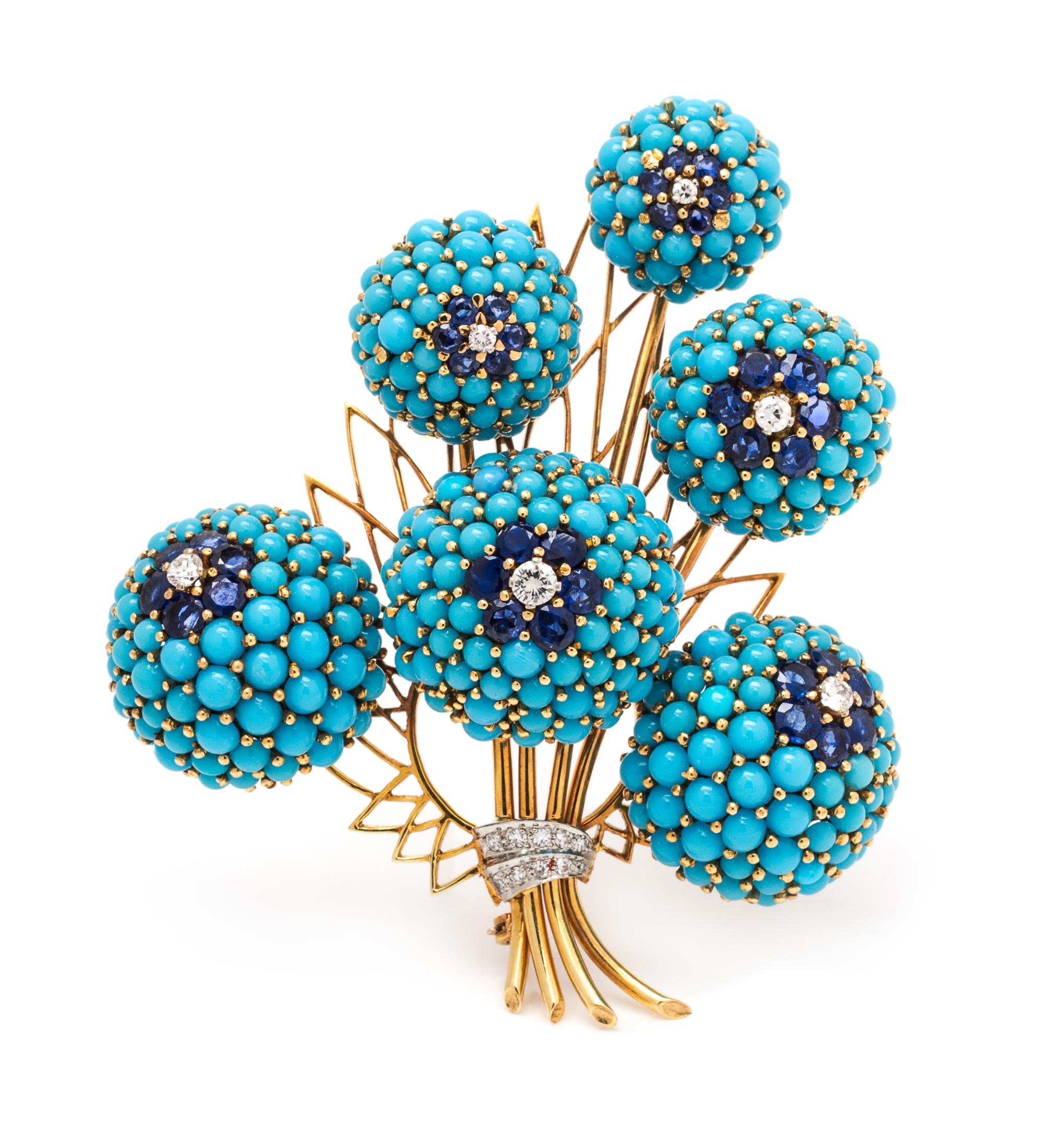 A Yellow Gold, Sapphire, Diamond and Simulated Turquoise Brooch, 36.40 dwts.