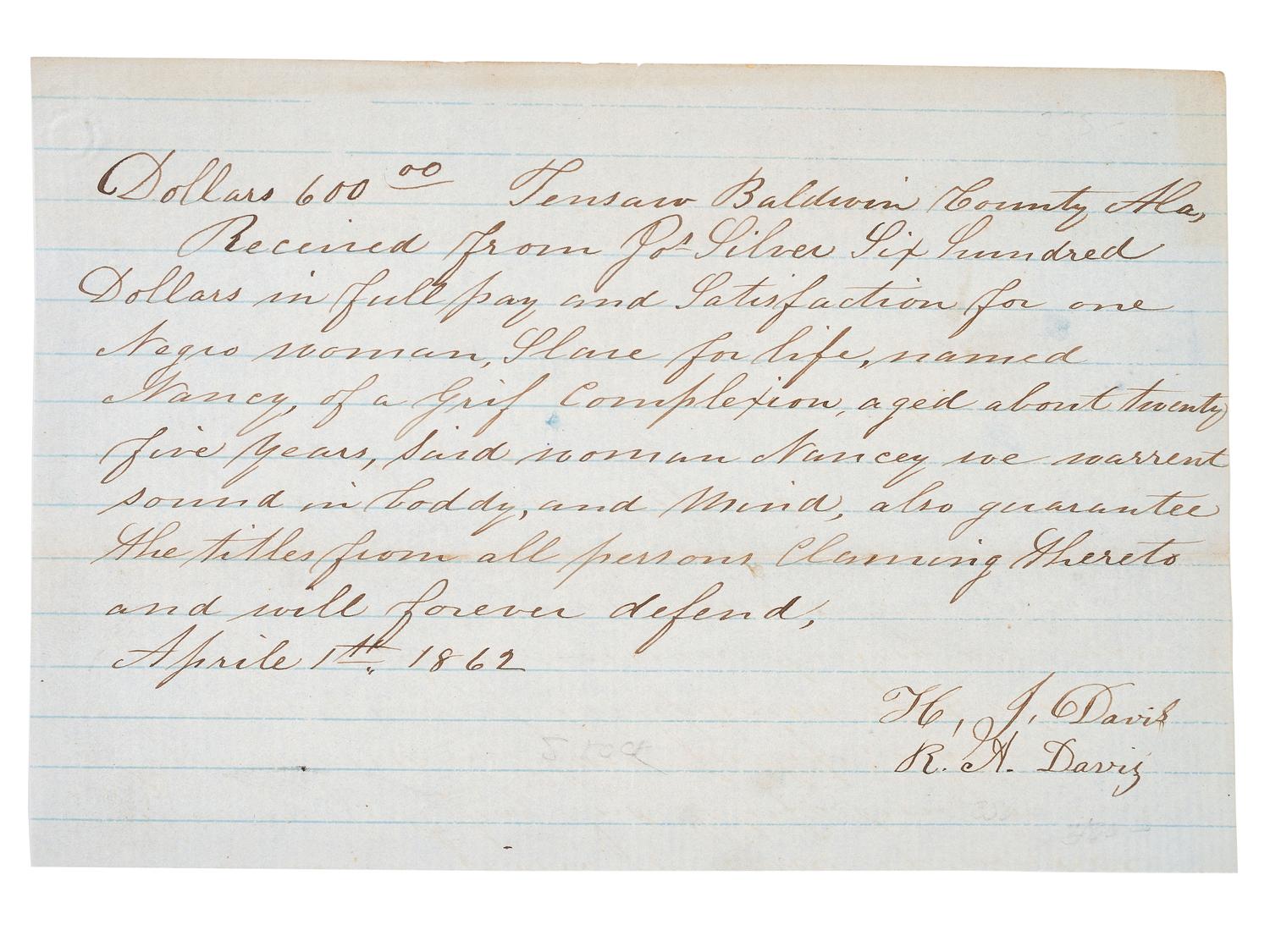 [SLAVERY & ABOLITION]. Manuscript bill of sale for the enslaved woman "Nancy." Tensaw, Baldwin County, AL, 1 April 1862.