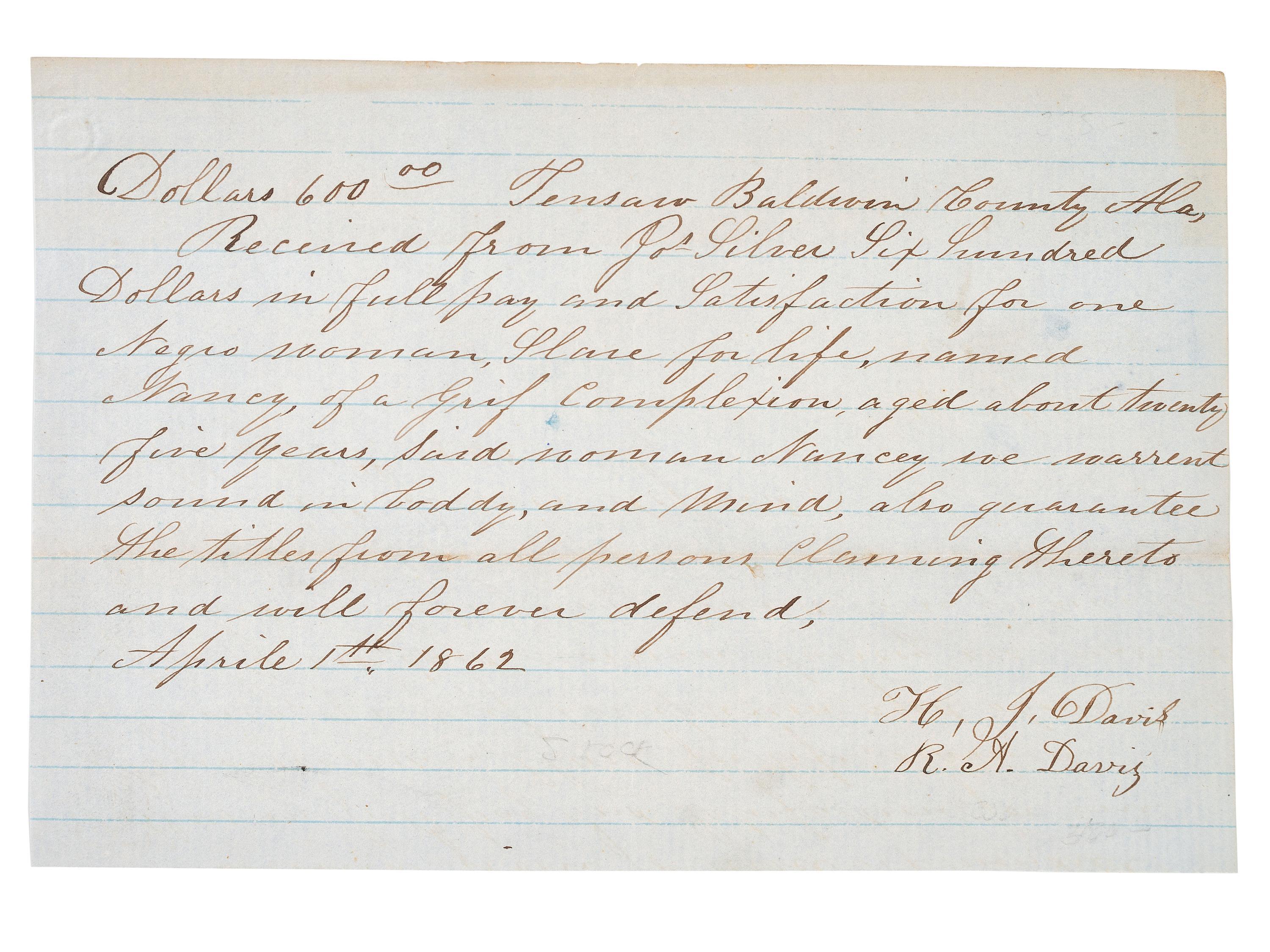 [SLAVERY & ABOLITION]. Manuscript bill of sale for the enslaved woman "Nancy." Tensaw, Baldwin County, AL, 1 April 1862.