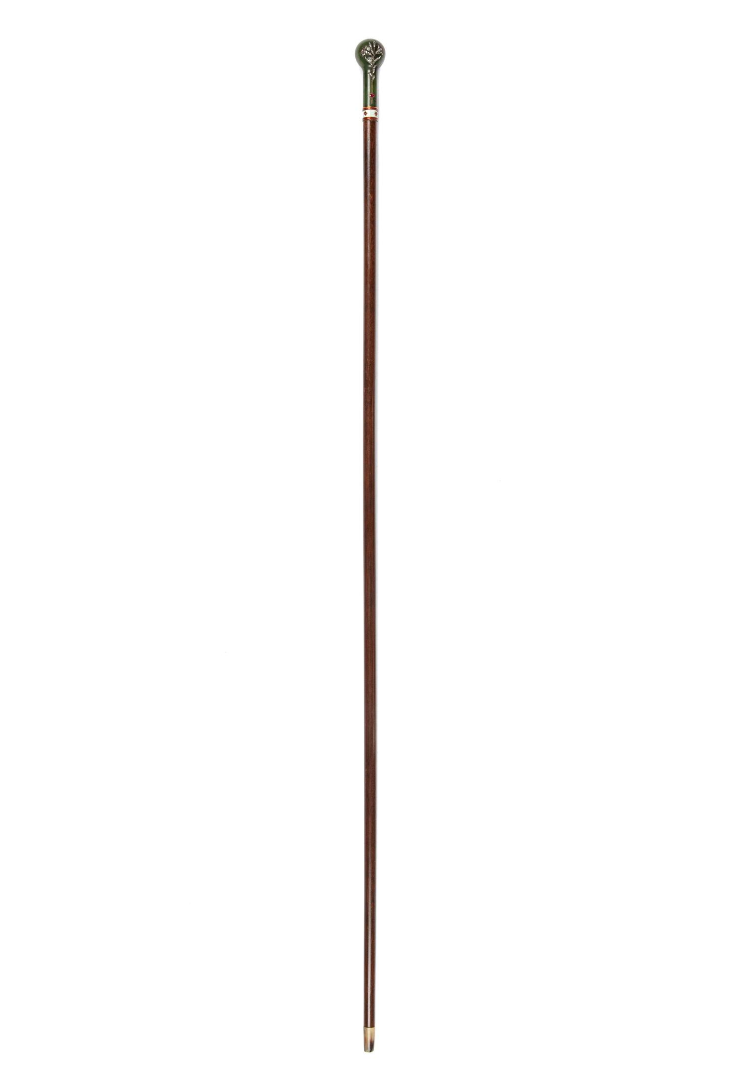 A Continental Diamond and Ruby-Inset Nephrite Handled Walking Stick