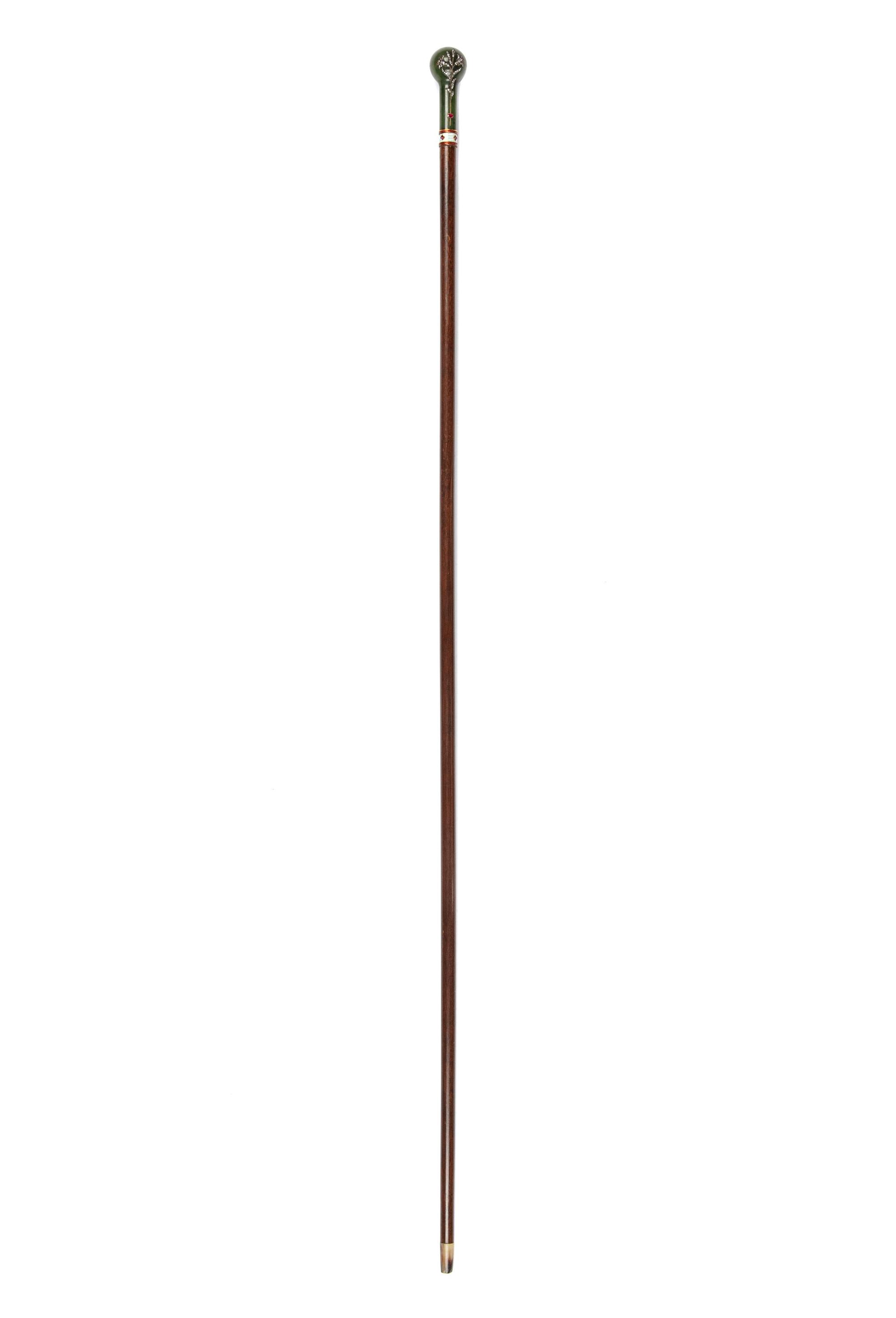 A Continental Diamond and Ruby-Inset Nephrite Handled Walking Stick
