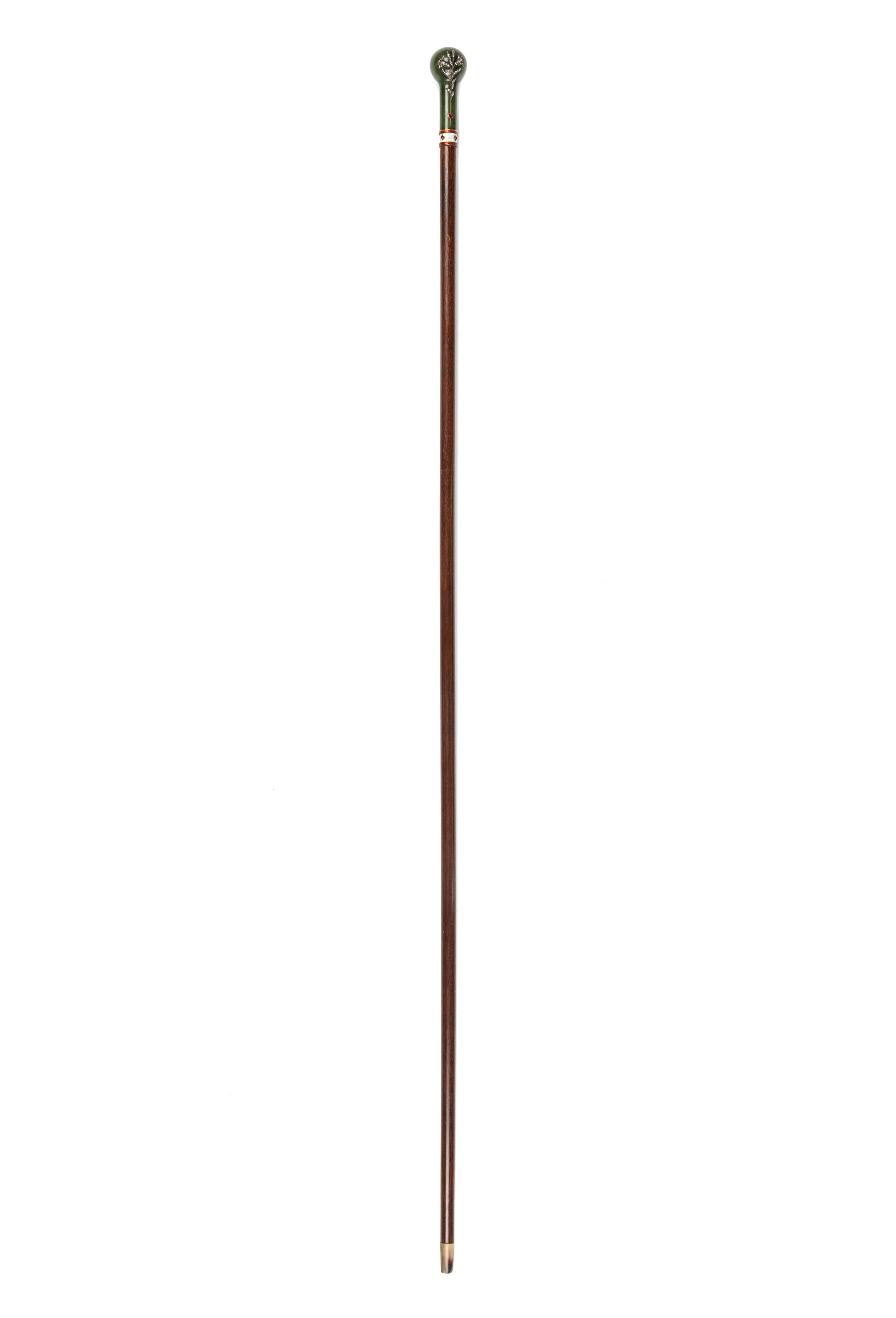 A Continental Diamond and Ruby-Inset Nephrite Handled Walking Stick