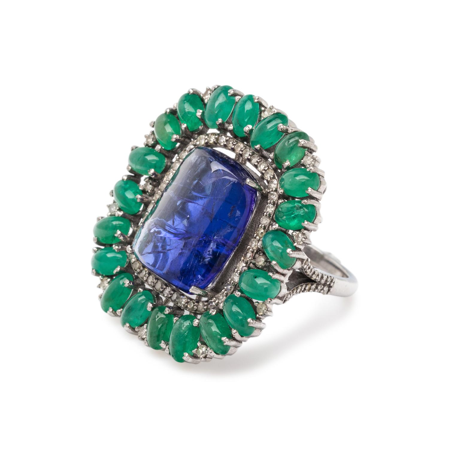 TANZANITE, EMERALD AND DIAMOND RING